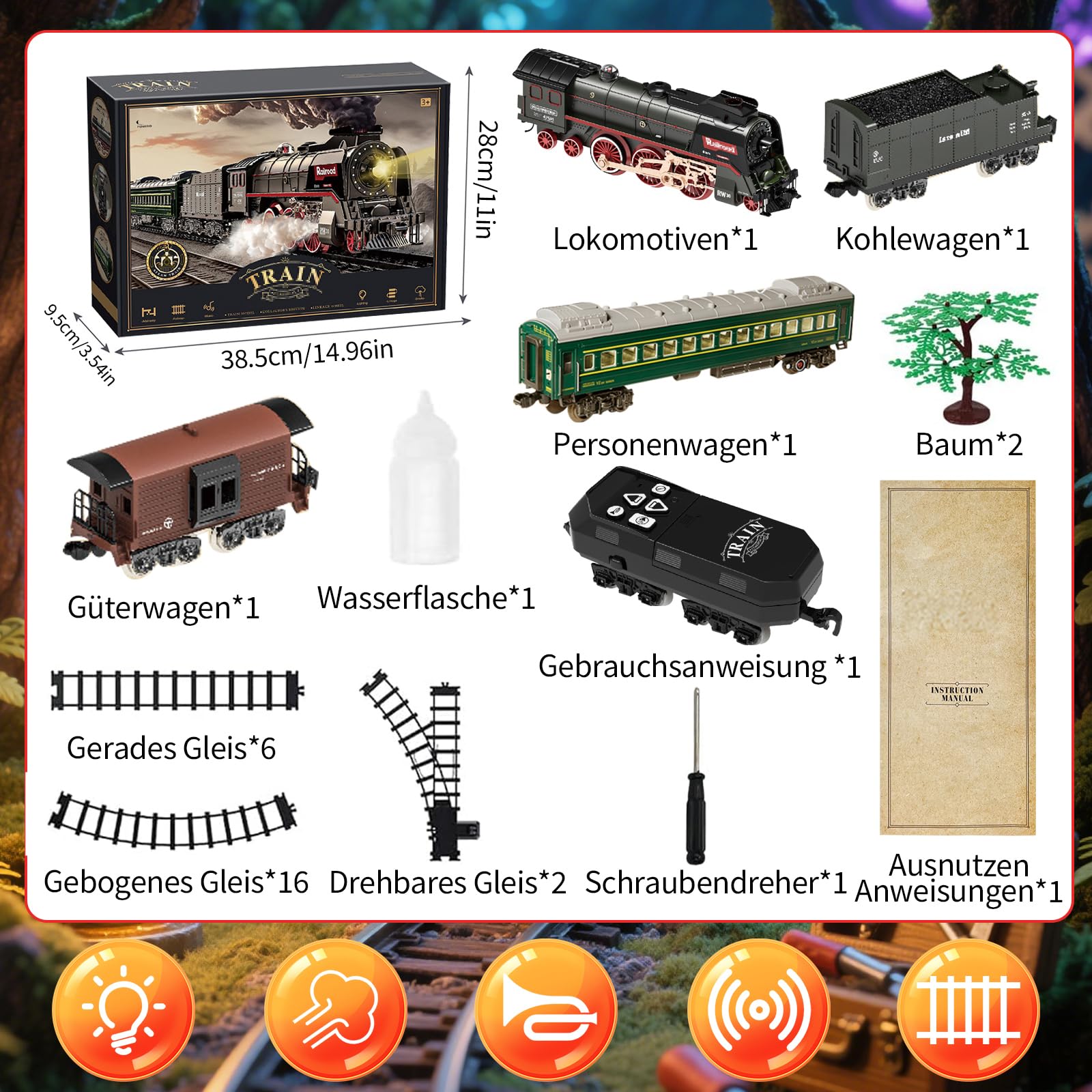 PQKL-party Elektrische Zug,Eisenbahn mit Dampf, Sounds und Lights,Luxury Track Steam Locomotive
