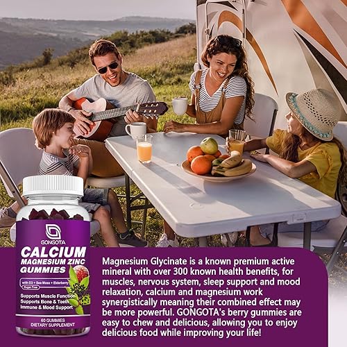 Miniatura 6 de GONGOTA Calcio, magnesio y zinc con suplemento de vitamina D3, gomitas de calcio altamente absorbentes con 300 mg de glicinato de magnesio apoyo