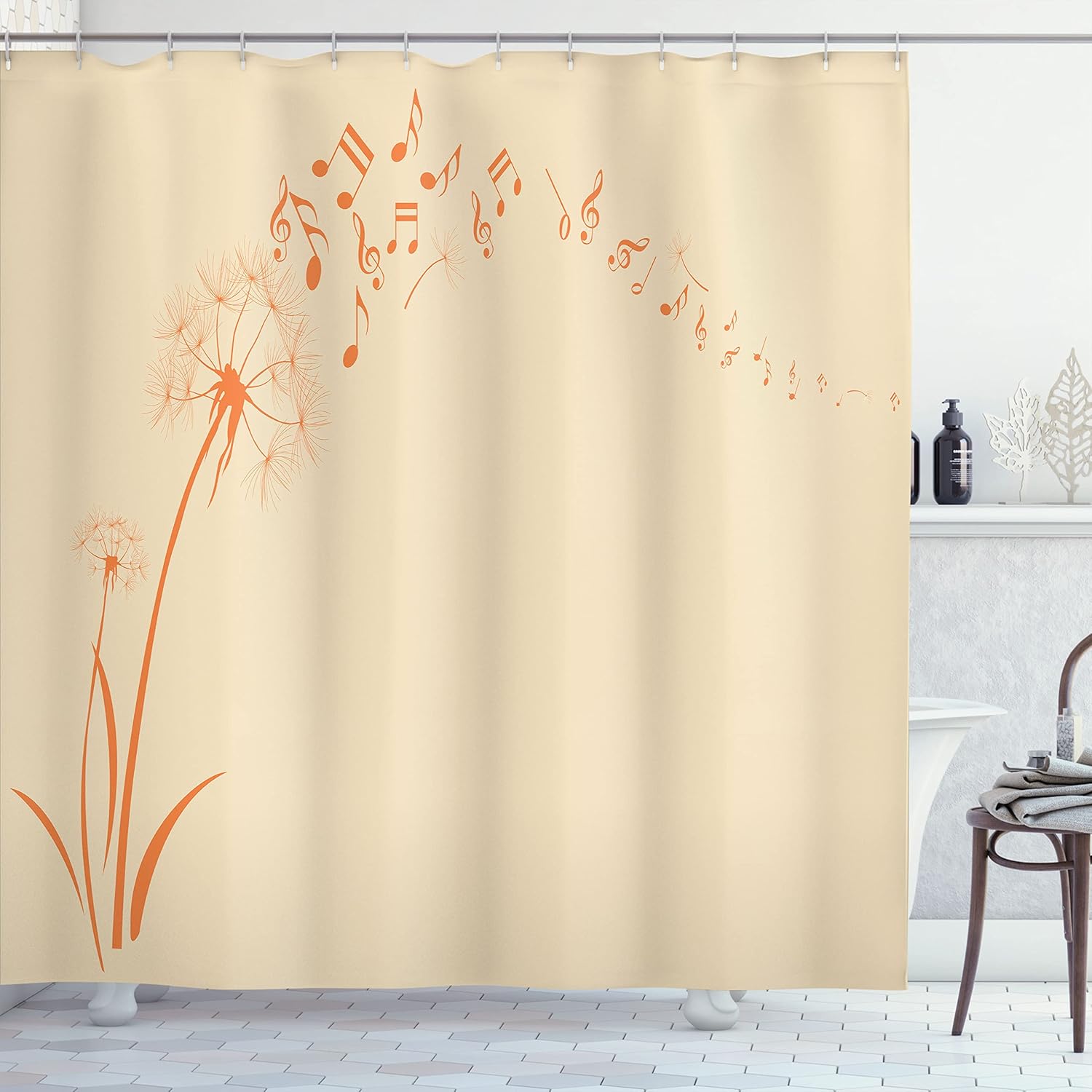 Ambesonne Music Shower Curtain, Flying Dandelions Notes Summer Spring Meadow Silhouette Softness Simple Print, Cloth Fabric Bathroom Decor Set with Hooks, 69" W x 75" L, Pale Peach