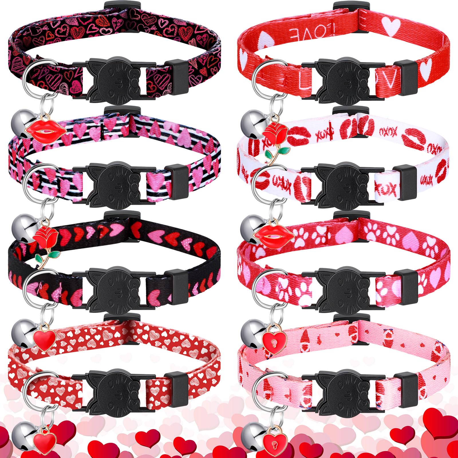 Huhumy 8 collares de gato de San Valentín ajustables con campana collares de gato con hebilla de plástico regalo para gatitos, mascotas, cachorros y perros