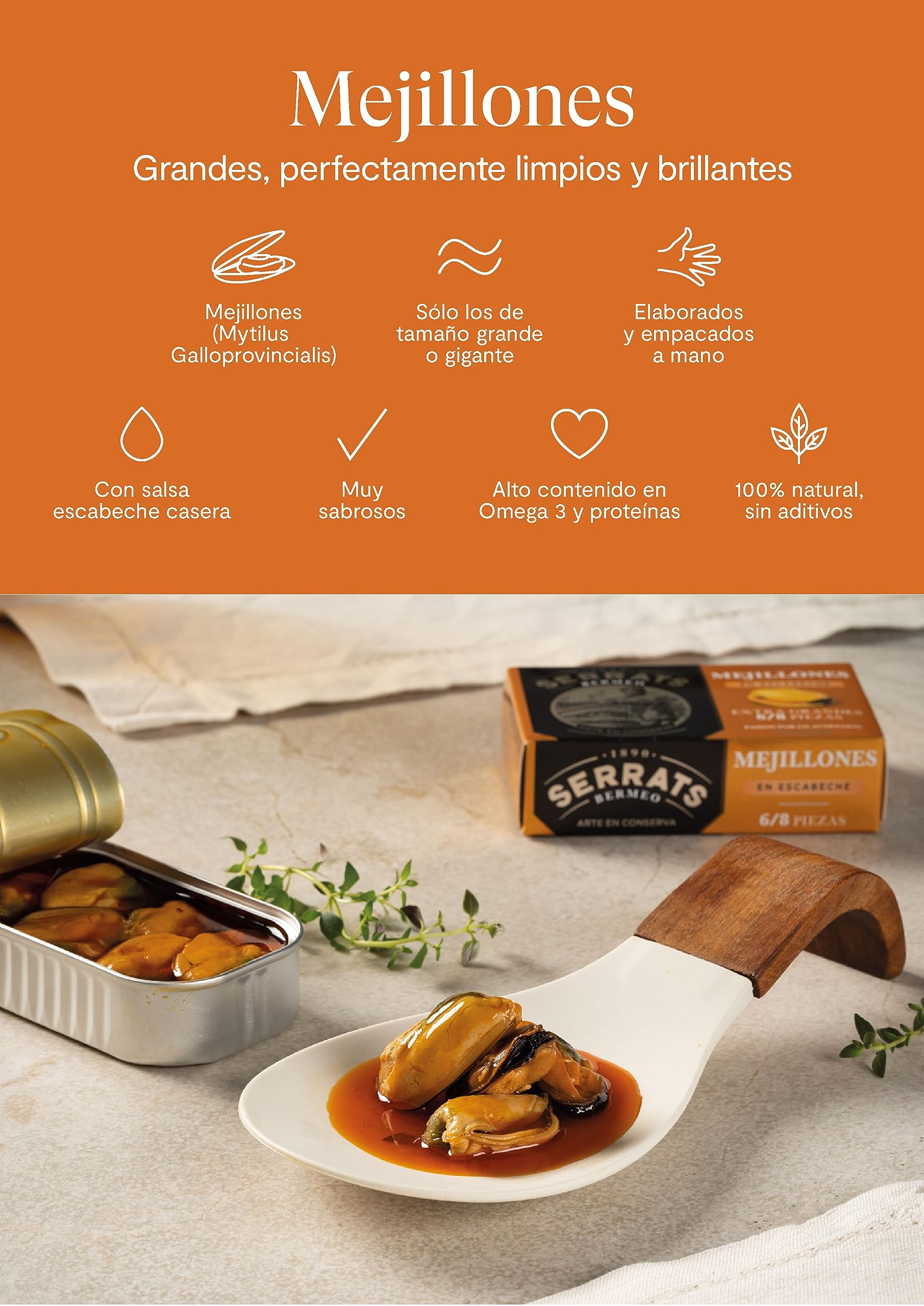 Conservas Serrats - Mejillones EXTRAGRANDES en Escabeche - 6/8 mejillones por lata (110g)