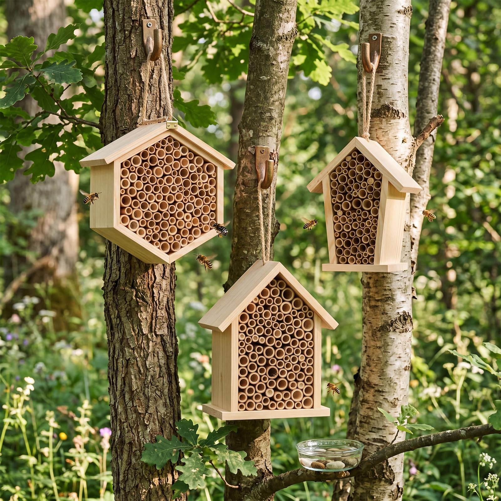 Marsui Mauerbienenhaus, Holz, handgefertigt, Bienenhotel, Outdoor, Bestäubung, Insektenbox, Lebensraum mit Röhren für Gartendekoration, 3 Stück