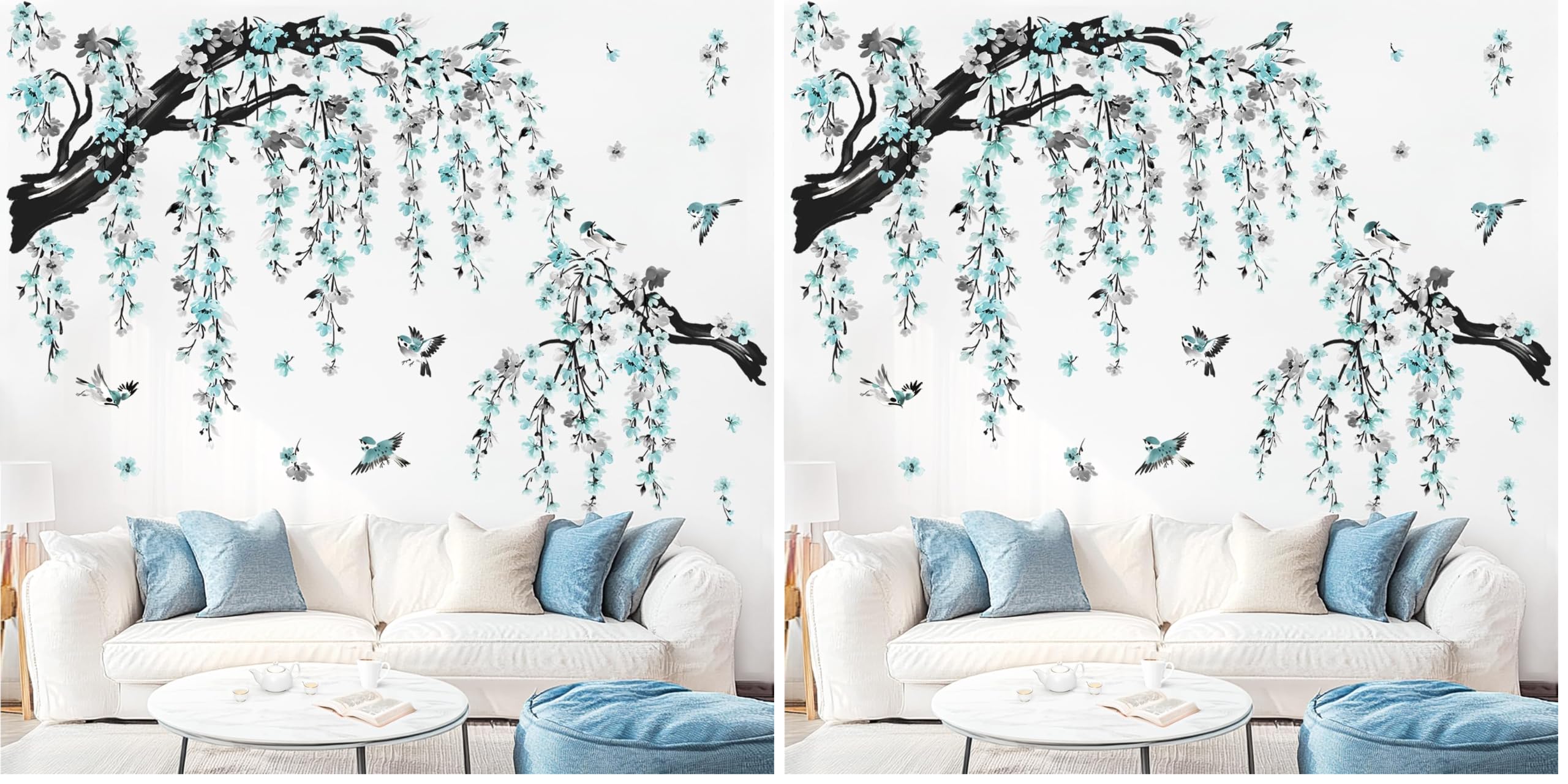 wondever Wandtattoo Baum Ast Blüten Groß Wandsticker Hängende Blumen Blau (Packung mit 2)