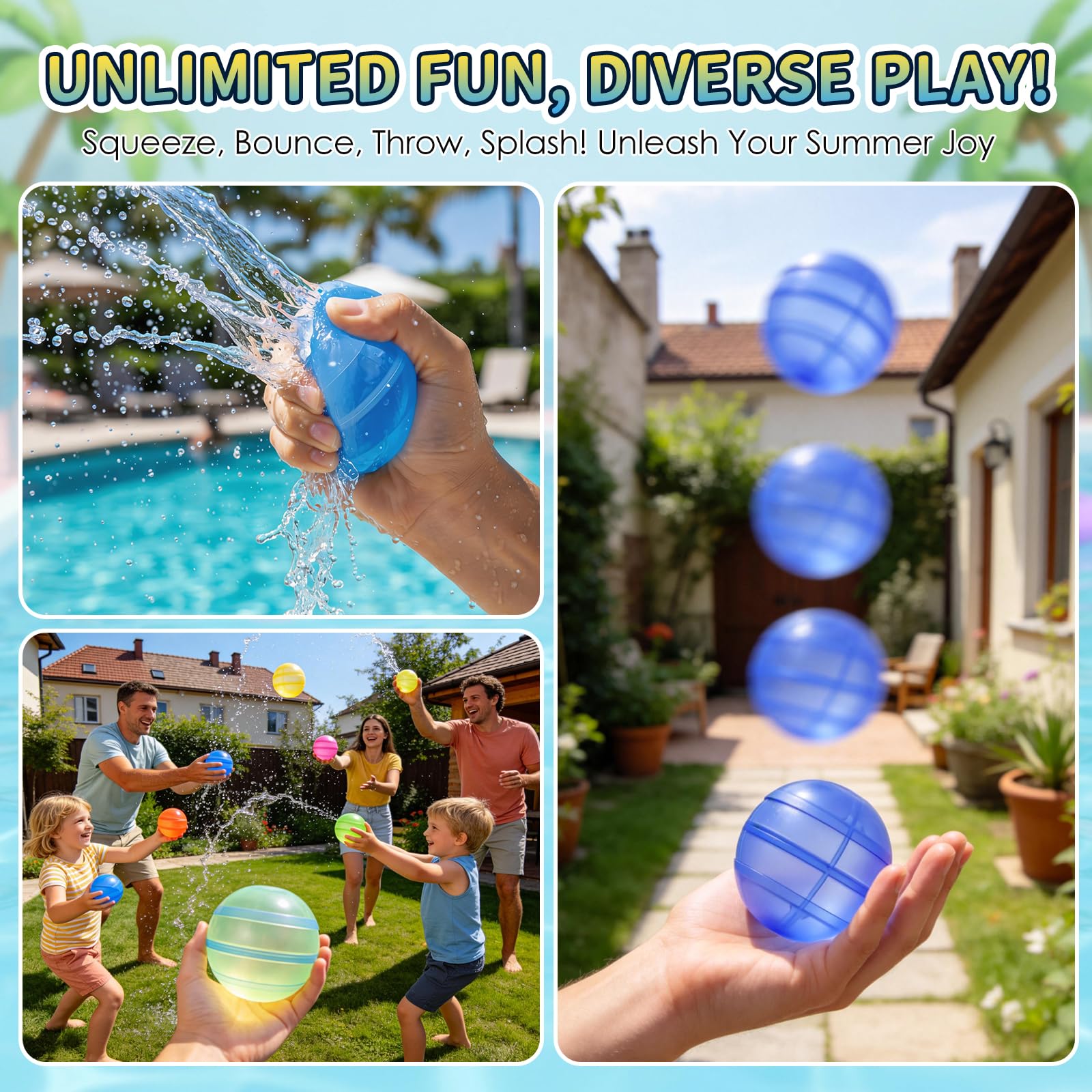 Palloncini Acqua Riutilizzabili –12 Pezzi Bombe d’Acqua in Silicone,Doppia Apertura a Riempimento Rapido Autosigillanti – Giocattolo da Piscina,Spiaggia,Giardino Esterno per Bambini 6+ Anni