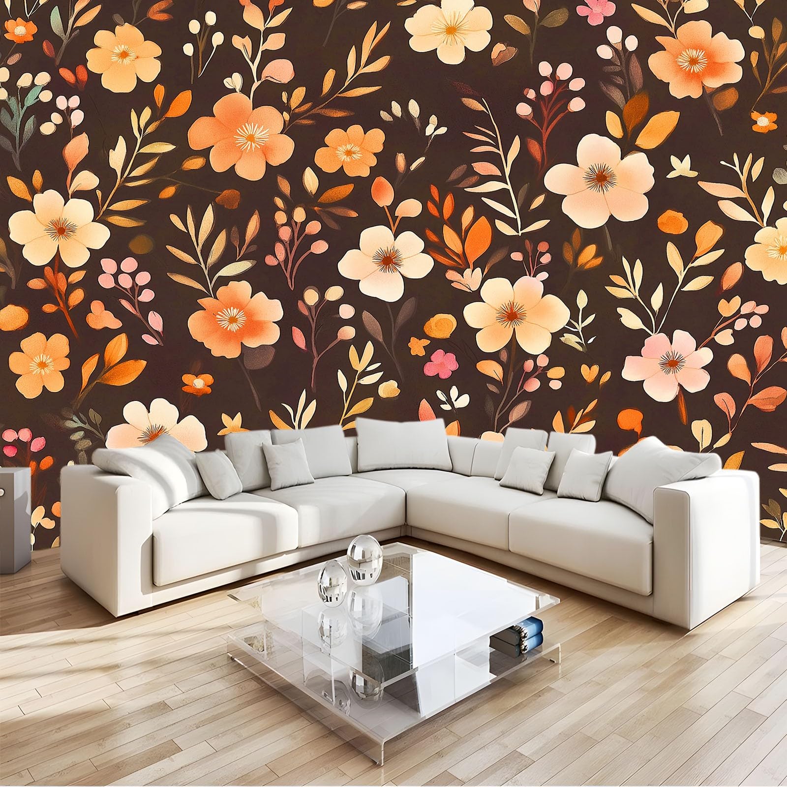 Générique 350 x 256 cm Panoramiczna tapeta Kwiaty Liście 3D Projekt ścienny, dekoracja ścienna do zdjęć, tapety z włókniny dekoracja ścienna salon sypialnia, beżowy