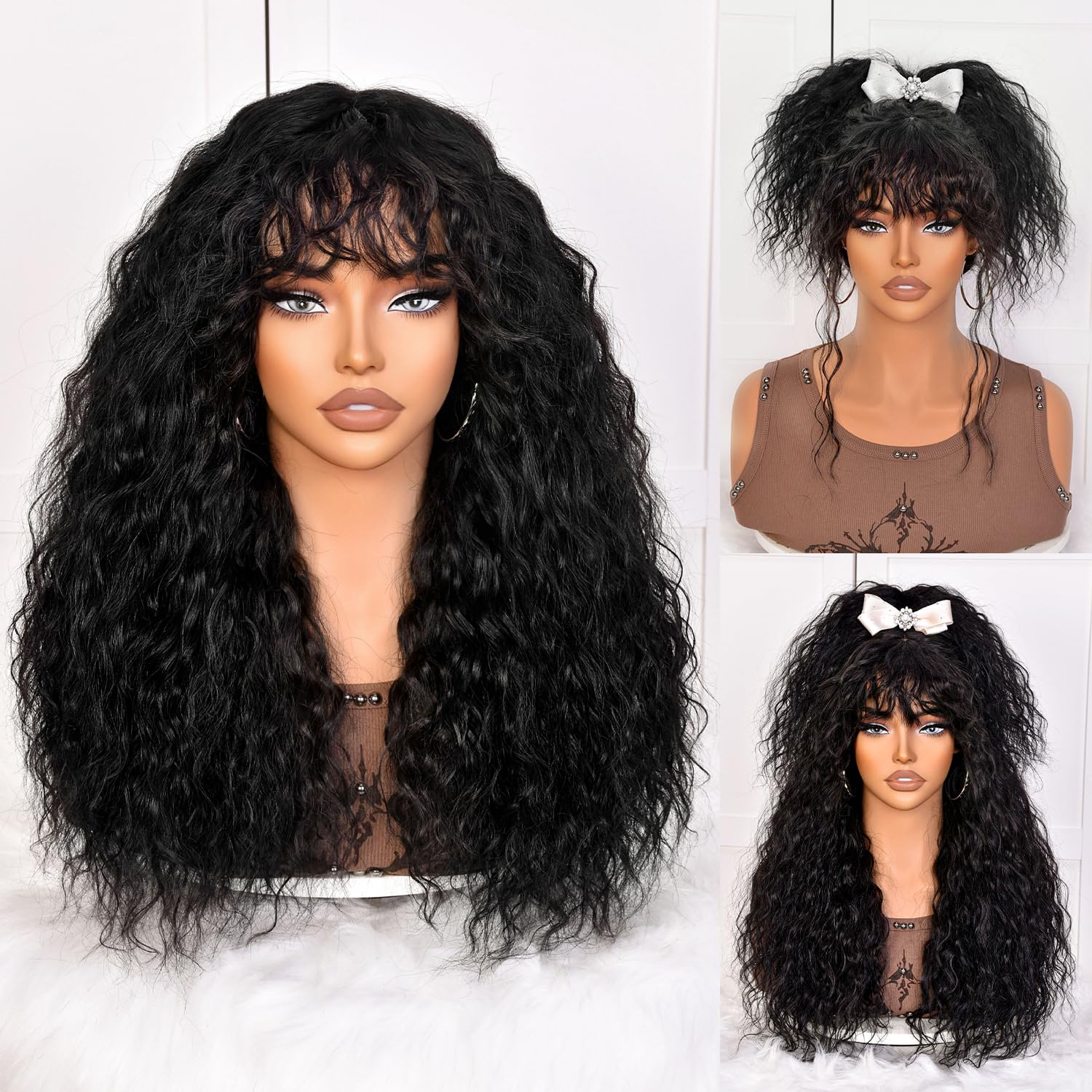 SOFUN Black Curly Wig With Bangs for Black Women Long Curly Human Hair Black Glueless Wig for Daily,Realistic Look with True Scalp