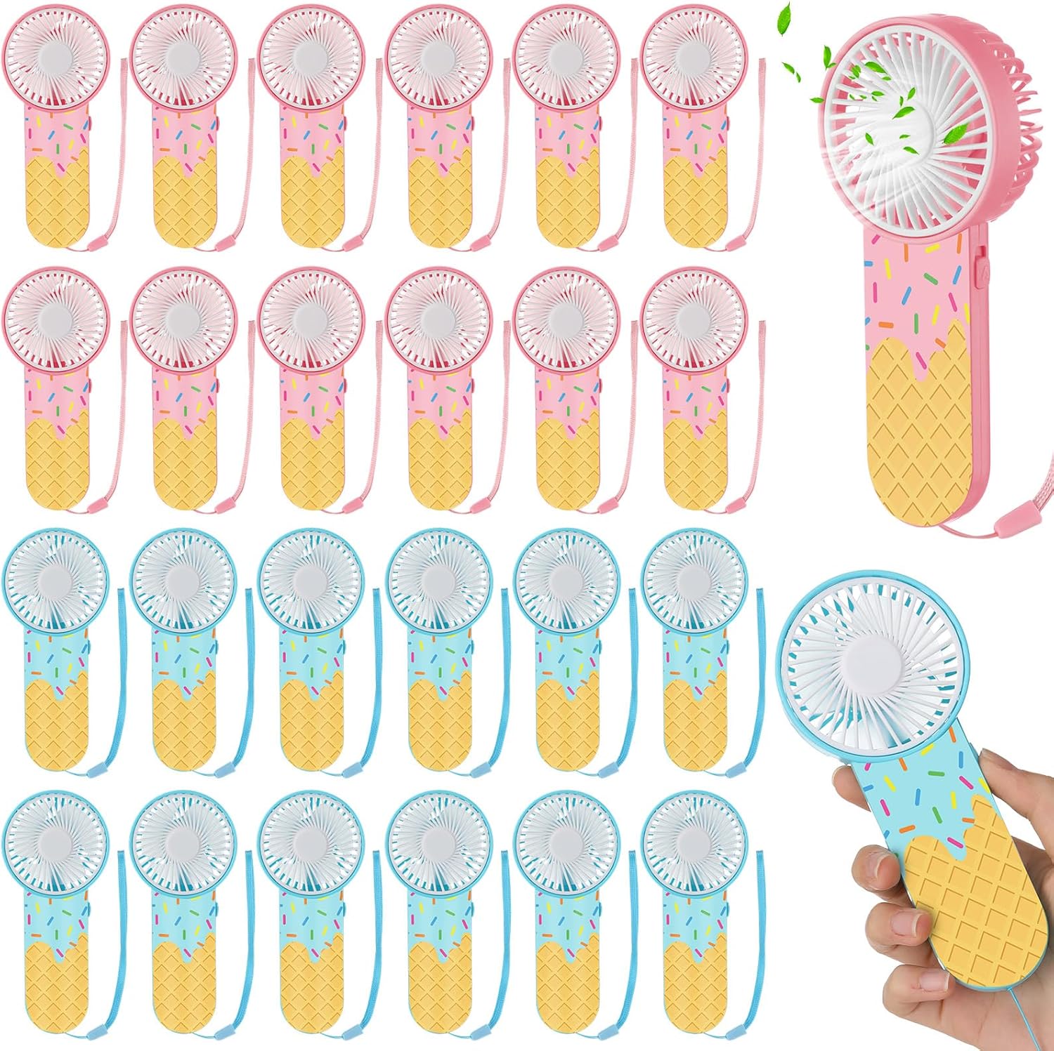 VIHOSE 24 Pcs Ice Cream Small Personal Portable Fan Mini Handheld Fan Bulk Small Fans Cute Fans for Guest Women Men Party Office Outdoor Travel Camping, Battery Not Include (Pink & Blue)
