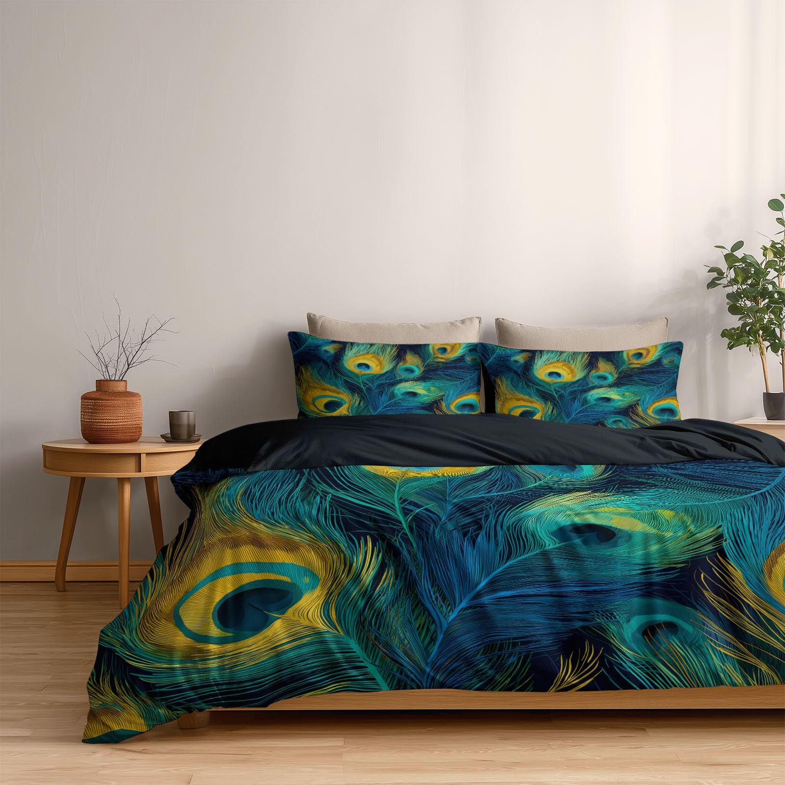 Generisch Klassisches Retro 3-teiliges Bettwäsche-Set, Schwarz 1 Bettbezug 200 x 200 cm und 2 Kissenbezüge 80 x 80 cm, Pfauenfeder TexturWeiche Mikrofaser, Reißverschluss, Ganzjahres