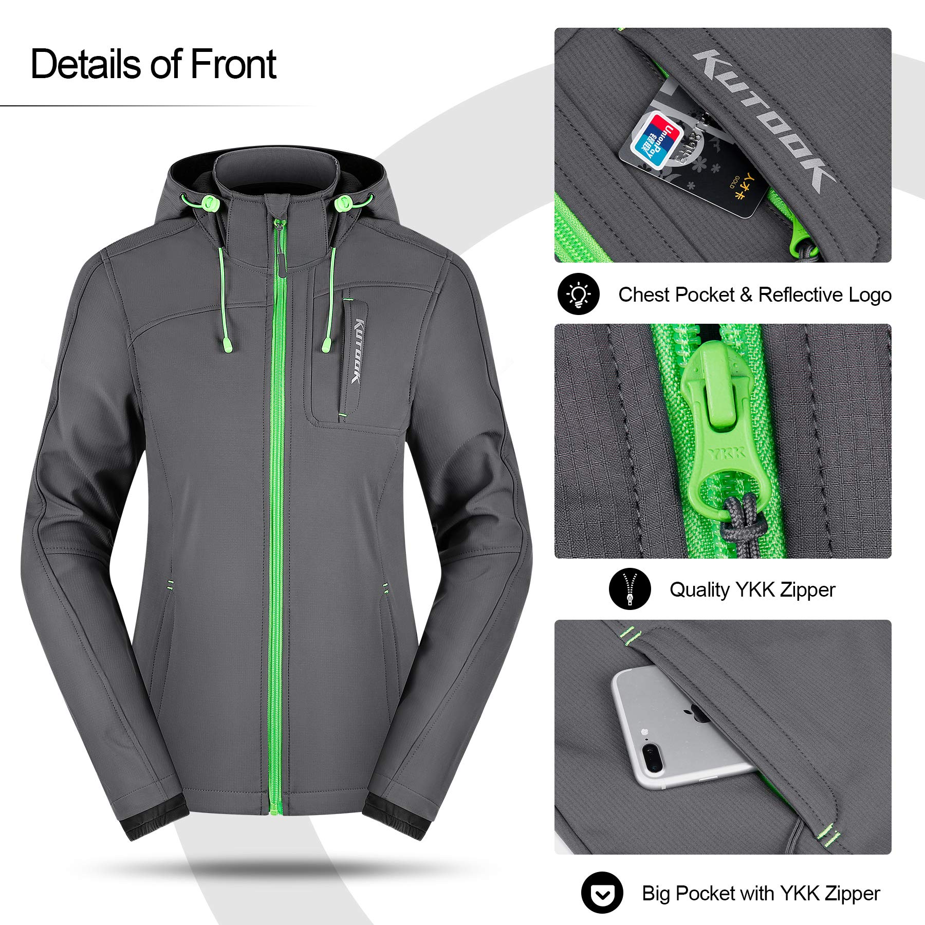 KUTOOK Veste Softshell Femme Hiver Chaud Blouson Capuche Amovible Coupe Vent Imperméable Extérieur Randonnée Jogging Sport de Plein Air