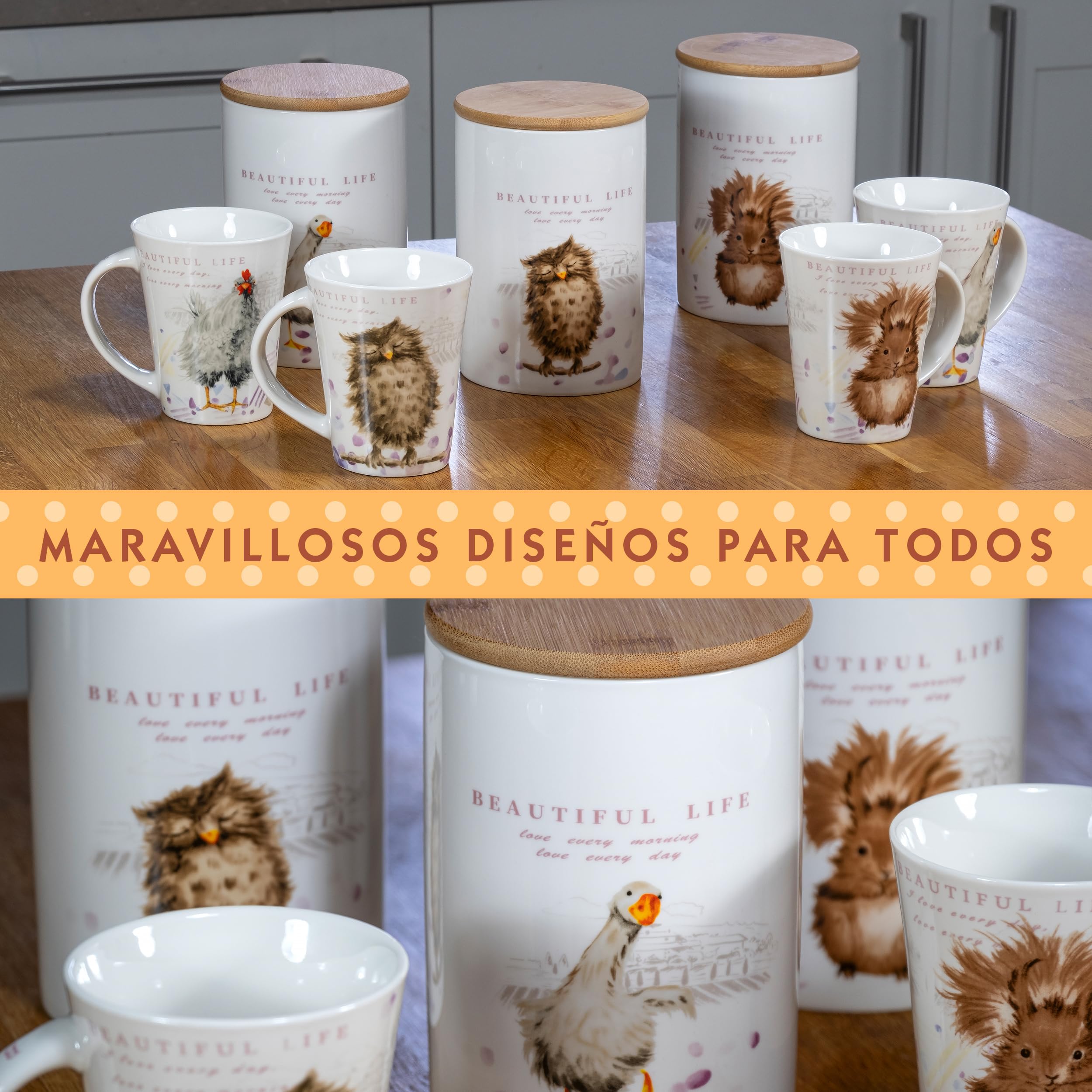 SPOTTED DOG GIFT COMPANY Juego de 3 Botes Cocina Almacenaje de Cerámica con Estampado de Ardilla Búho Ganso, Recipientes Herméticos para Alimentos con Tapa, Regalo para Amantes Animales