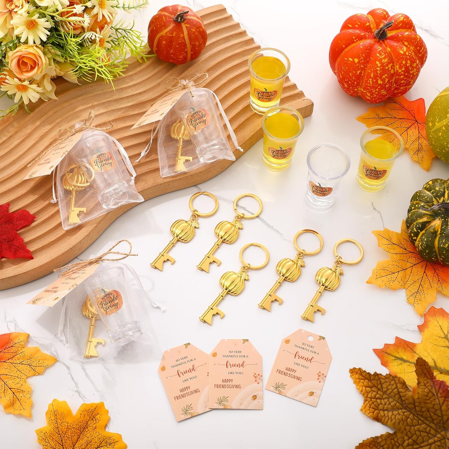 Meanplan 12 Sets Happy Friendsgiving Pumpkin Party Favor Thanksgiving Pumpkin Shot Glass Cups Bottle Opener Keychain Happy Friendsgiving Cards with Bags Friends Fall Party Thanksgiving Gift for Guest