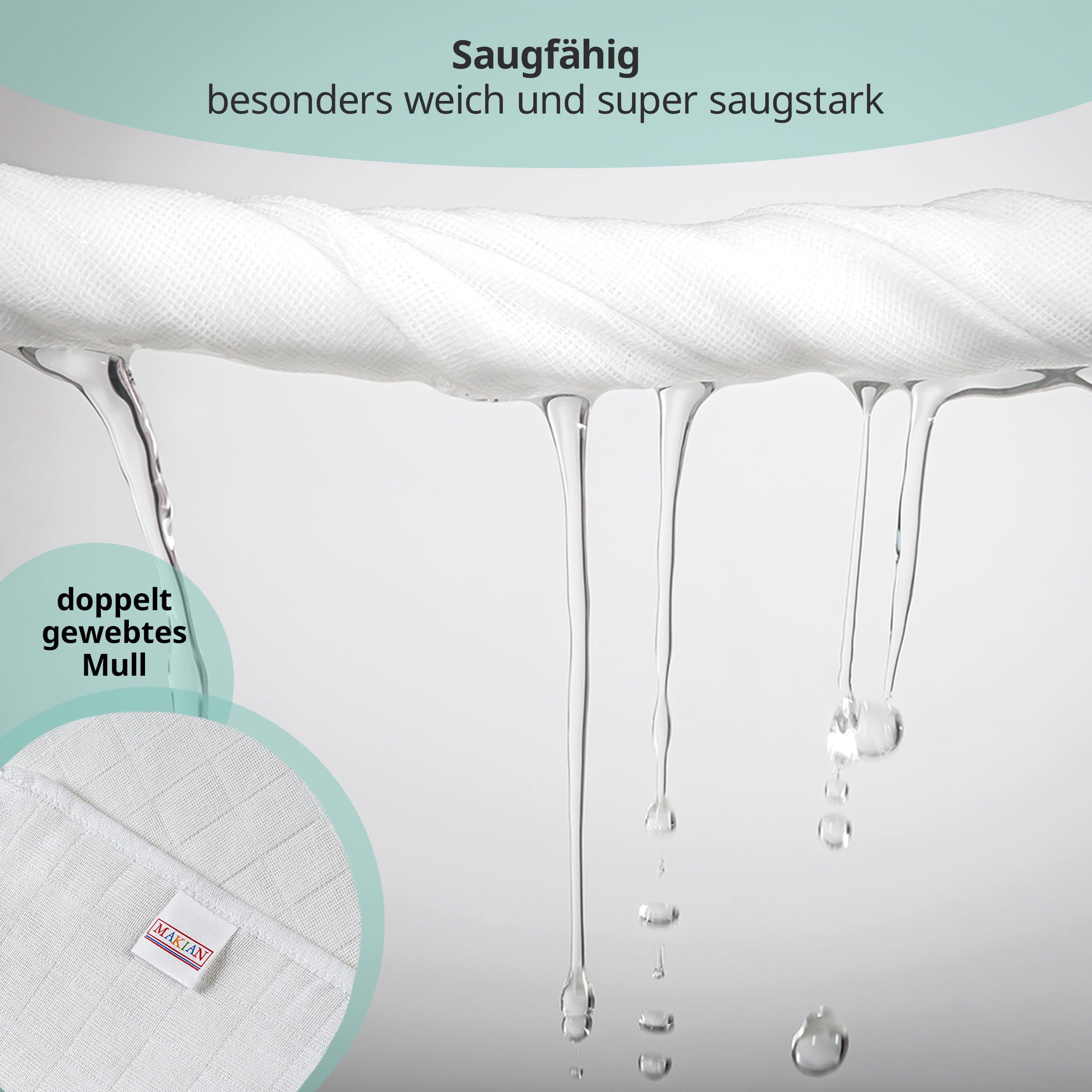 MAKIAN Mullwindeln 10er Pack, 80x80 cm, Oeko-TEX® Standard 100 geprüft, 10 Spucktücher in Premium Qualität - doppelt gewebte Stoffwindeln/Mulltücher, Kochfest - Weiß
