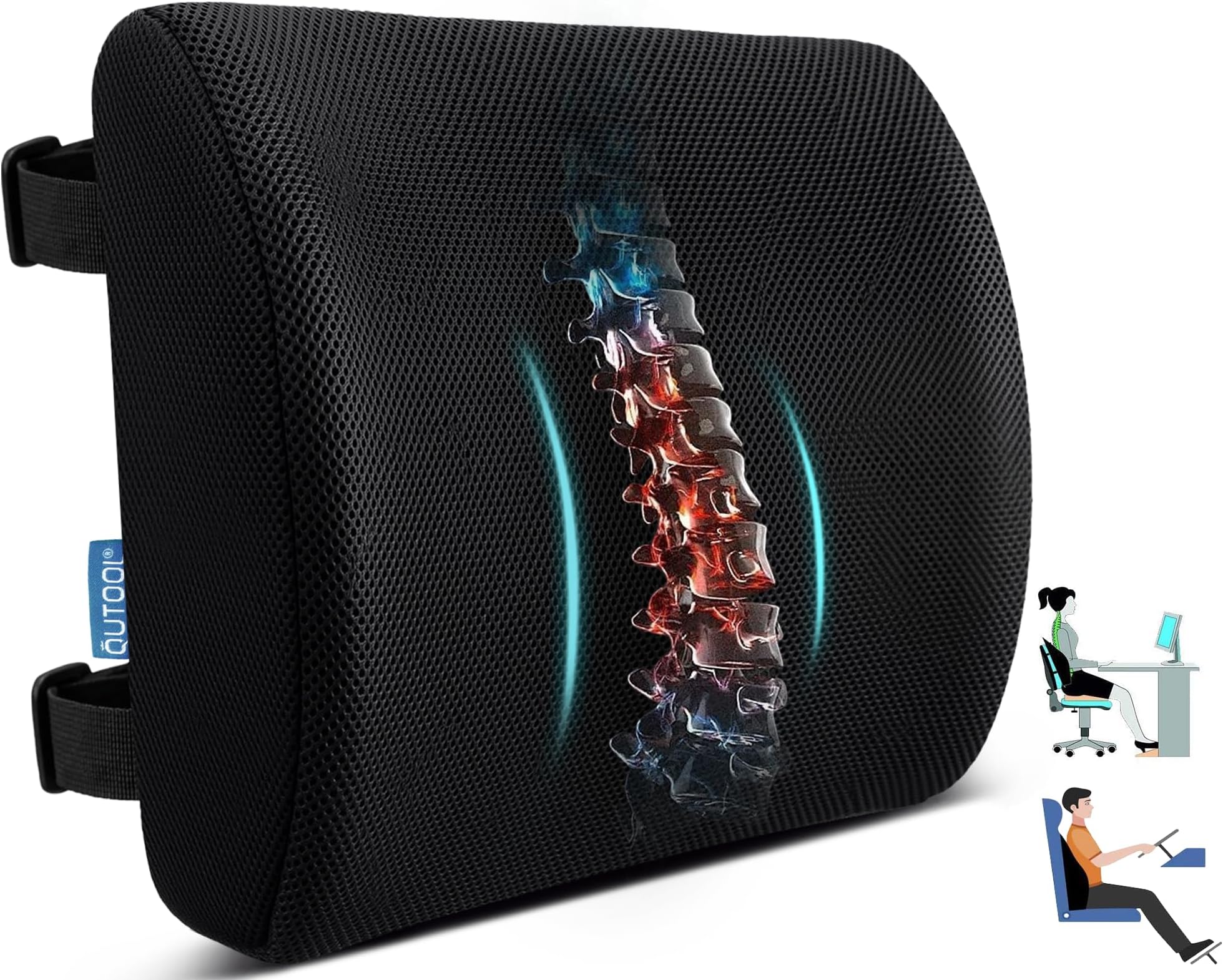 Lumbar Support Pillow for Office Chair, College Dorm Room Essentials, Memory Foam, Lower Back Support for Car, Back Pain Relief, Back Cushion for Chair with Adjustable Strap and Mesh Washable Cover