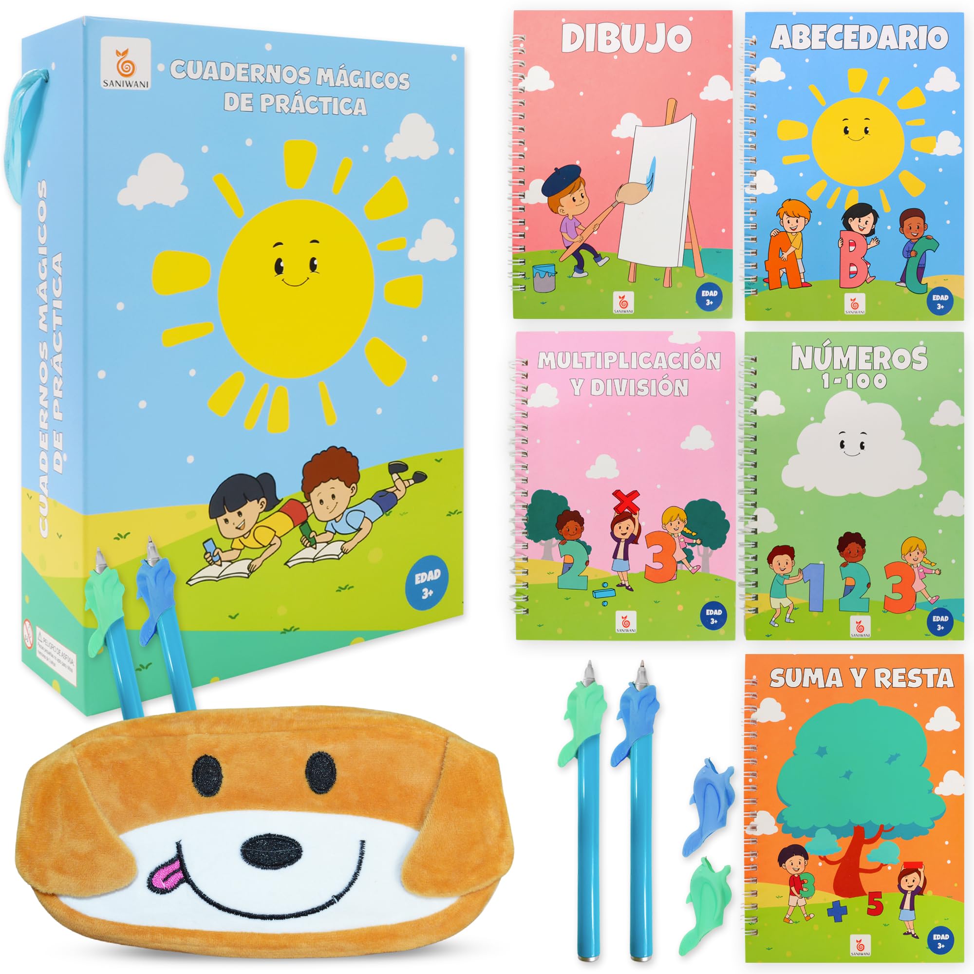 SANIWANI Cuadernos de caligrafía mágica para niños a partir de 3 años, reutilizables en español, Pack de 5 libros, aprender a dibujar, escribir y números con método groove.