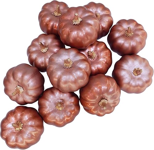 Winlyn 12 calabazas artificiales pequeñas de oro rosa, calabazas decorativas, calabazas de espuma sintética para regalos, otoño, boda, baby shower,