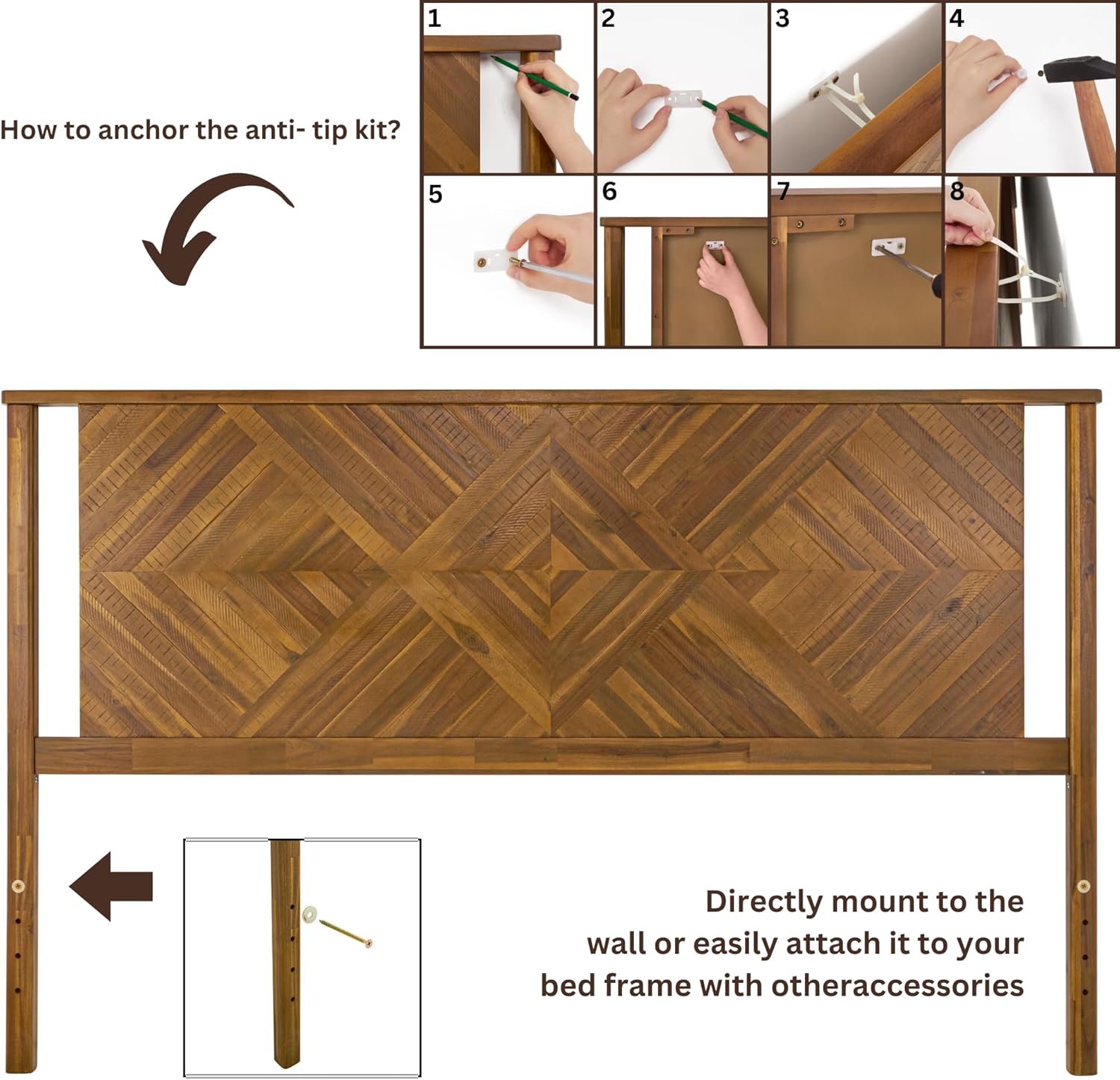 Bme Ethan King Size Diamond Headboard ONLY - Rustic & Mid-Century Modern Style Without Bed Frame - Solid Acacia Wood - Easy Assembly - Rustic Brown