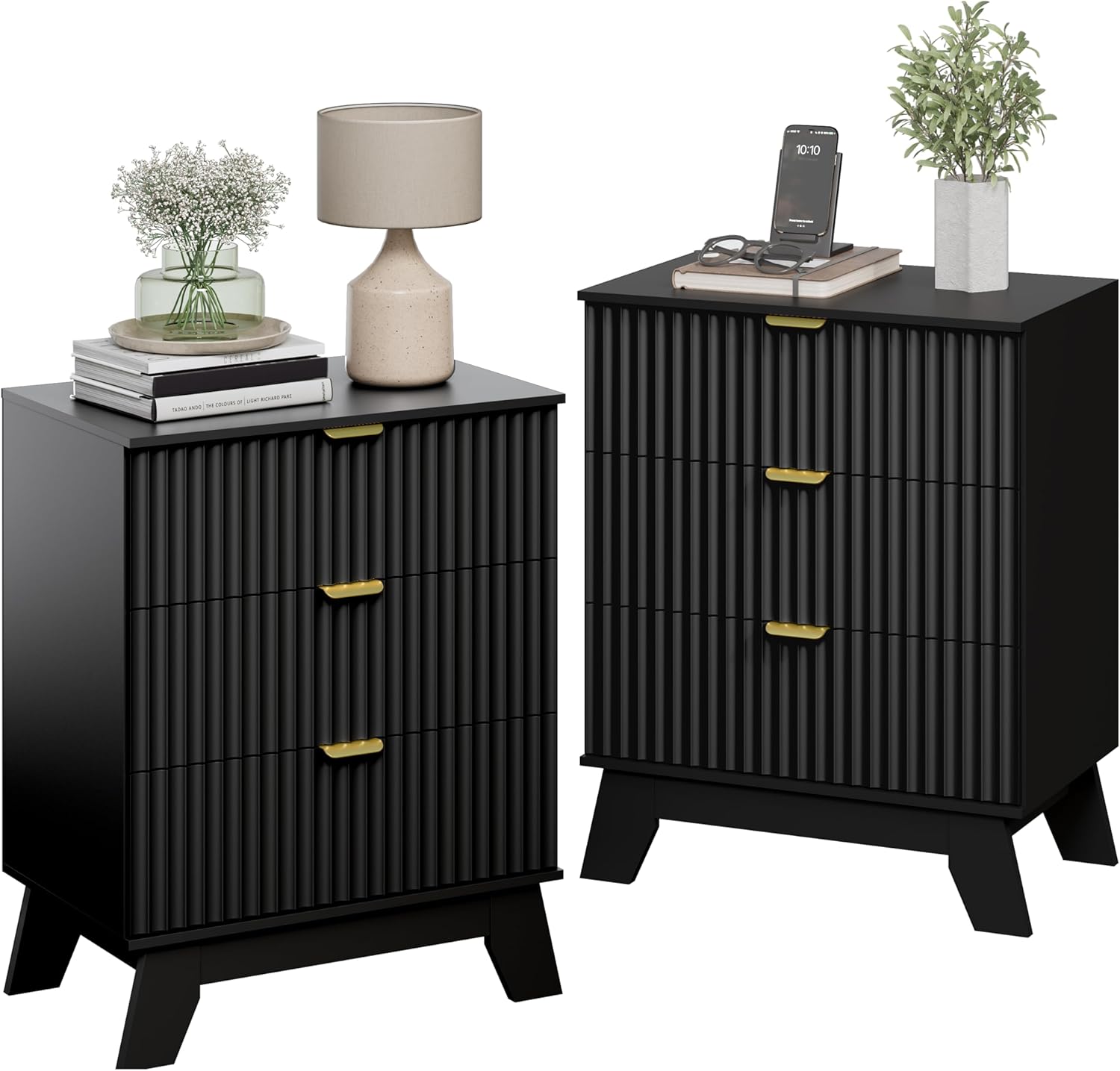 Night Stand Set 2, Bedside Table & End Table, Mid Century Modern Fluted Wood Nightstand with 3 Drawers & Metal Handles, Farmhouse Nightstand for Bedroom, Black Black 3 Drawers-2 PCS