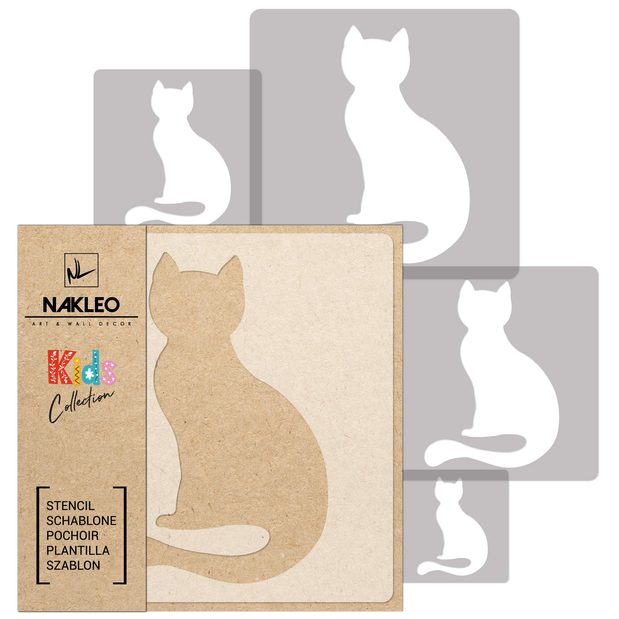 NAKLEO Schablonen Malen für Wandgestaltung im Kinderzimmer, 5 Stück Set 9x9 bis 34x34cm Katze Kätzchen Tier, Kinderzimmer Malvorlage Raumdekoration, Basteln DIY Wand Möbel