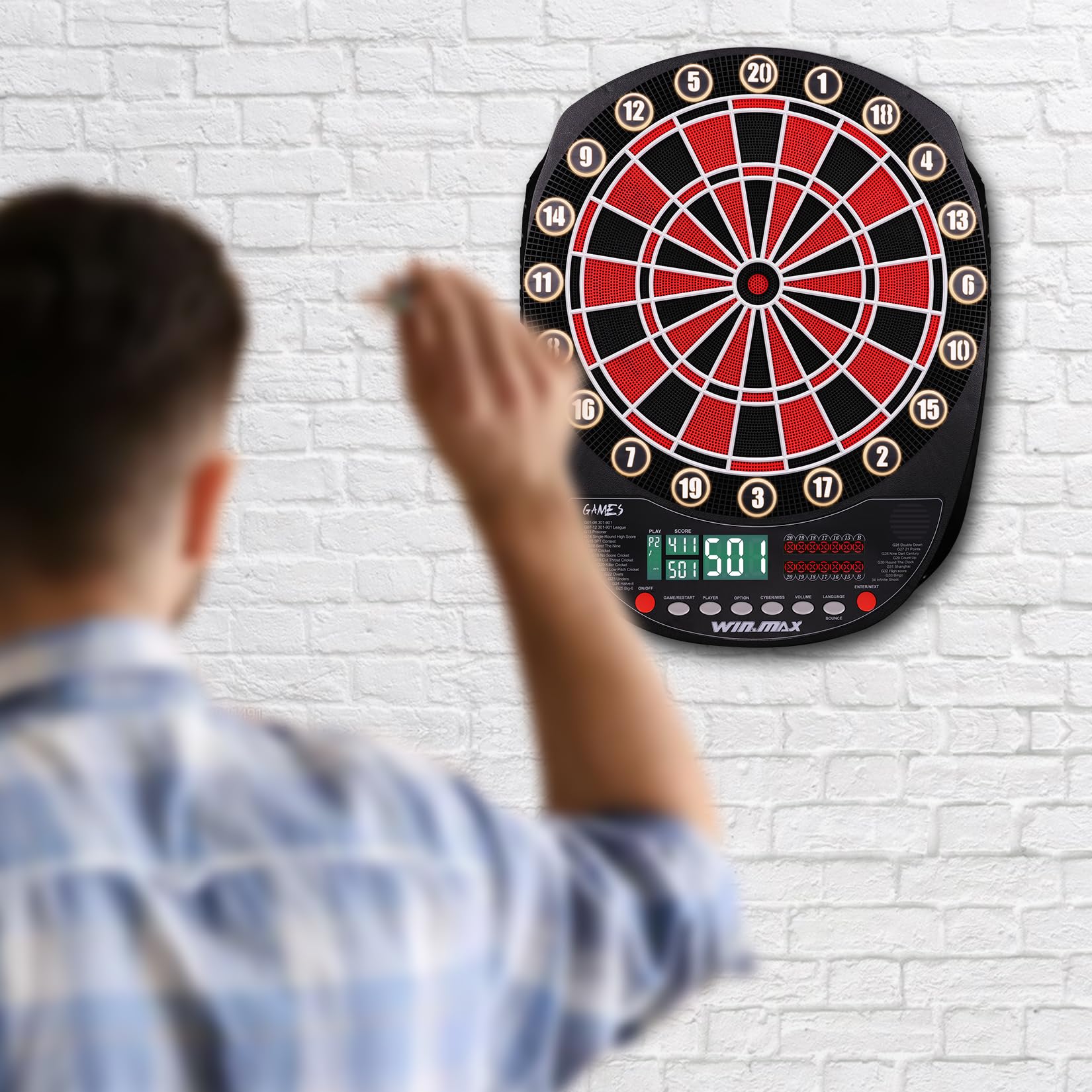 Cible de fléchettes électronique Professionnelle 34 Jeux avec 354 Variantes 3 Langues : Allemand, Anglais, français pour 1 à 8 Joueurs avec 12 fléchettes