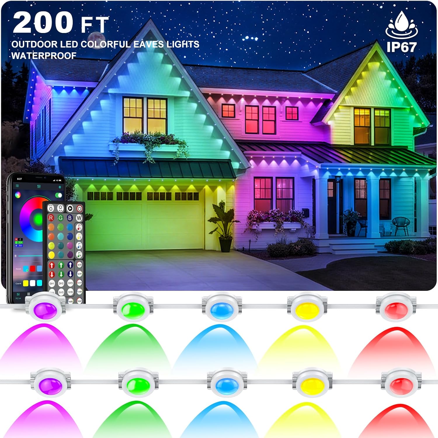 Permanent Outdoor Lights,200FT RGB Eave Lights,IP67 Waterproof Outdoor Lights,Smart Under Eave LED Lighting with App/Remote Control for Outdoor Decor,Garden Decor,House,Party,Holiday Permanent Outdoor Lights,200FT RGB Eave Lights,IP67 Waterproof Outdoor Lights,Smart Under Eave LED Lighting with App/Remote Control for Outdoor Decor,Garden Decor,House,Party,Holiday