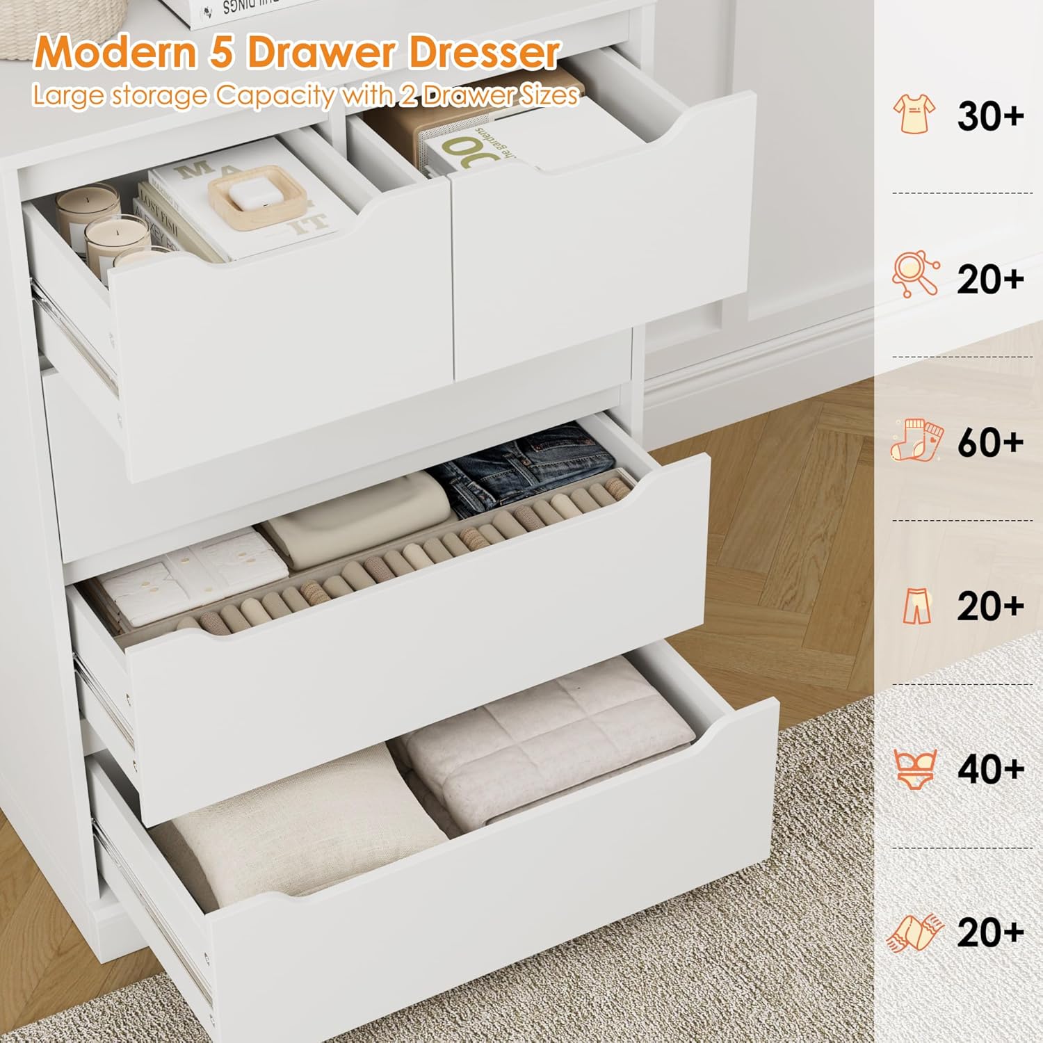 Open drawers of the dresser showing organized contents
