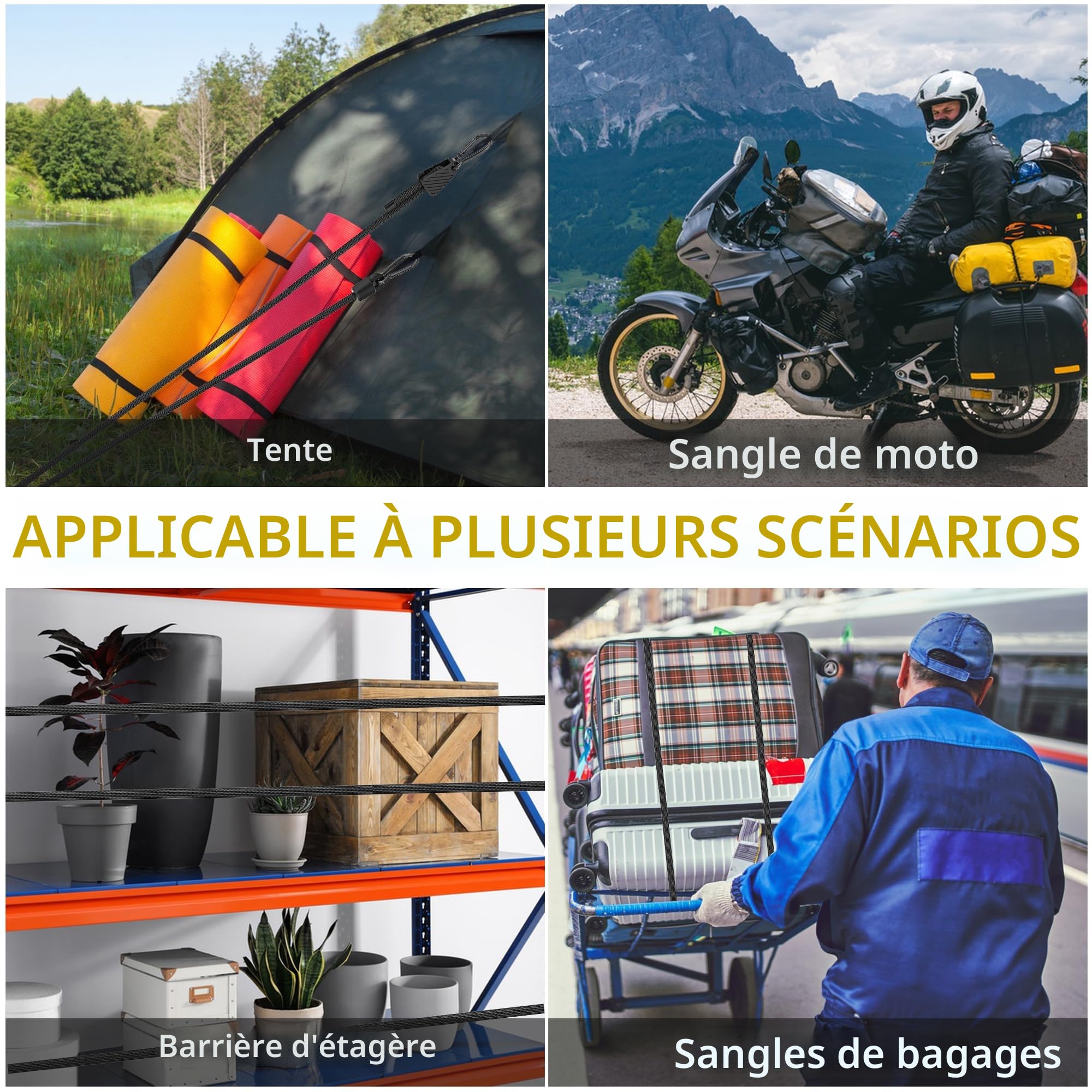 Réglables Tendeurs Élastiques avec Mousqueton, 6 Pcs 100% Latex Tendeur Élastique Robuste 120CM, Résistant aux Rayons UV Sandow Elastique avec Crochets pour Camping, Bâches, Tentes, Bagages, Moto