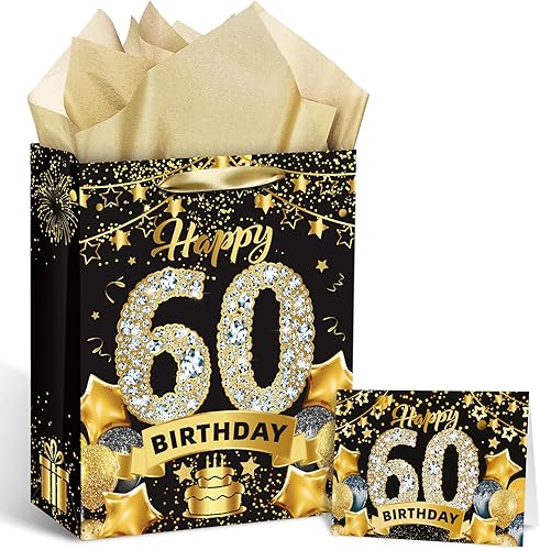 Bolsa de regalo de 60 cumpleaños color negro y dorado, bolsa de regalo de 60 cumpleaños con papel de seda y tarjeta, bolsas de regalo de papel kraft