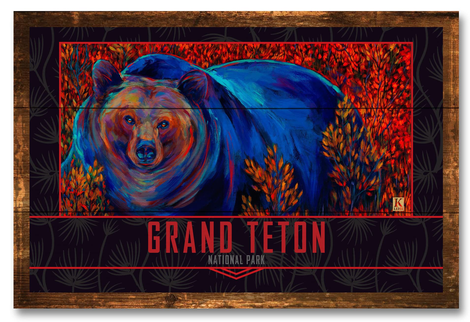 Grand Teton Lone Grizzly Bear Rustic Wood Art Print from Oil Painting by Artist Kari Lehr 12" x 18"