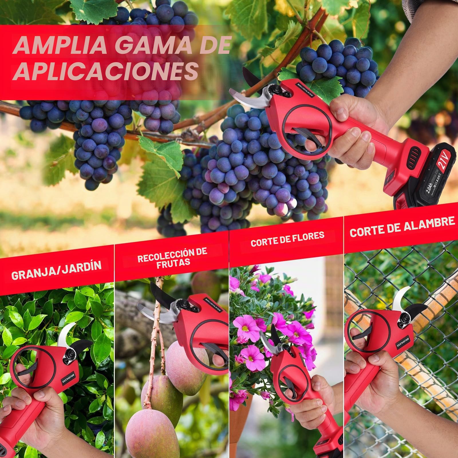 Tijeras de podar eléctricas 30mm, Tijeras de podar bateria con 2 baterías de 21 V / 2000 mAh, 2 Hojas SK5, Larga Duración, Tijeras de podar inalámbricas para jardinería Vides Árbol frutal
