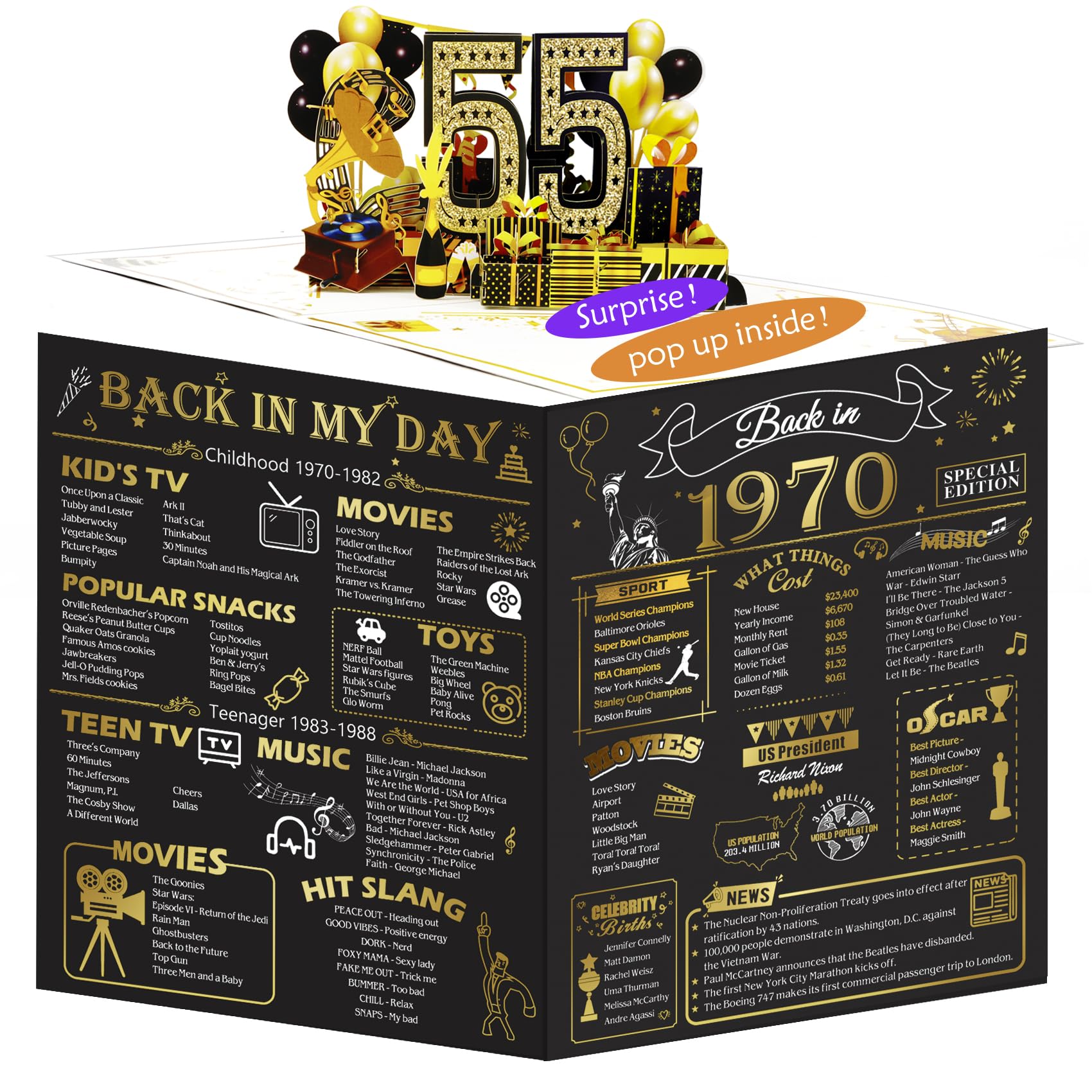 OLOSONG 55th Birthday Card for Men Women, 3D Pop Up 55th Birthday Gifts Cards for Him Her, Back In 1970 Funny 55 Year Old Birthday Decorations