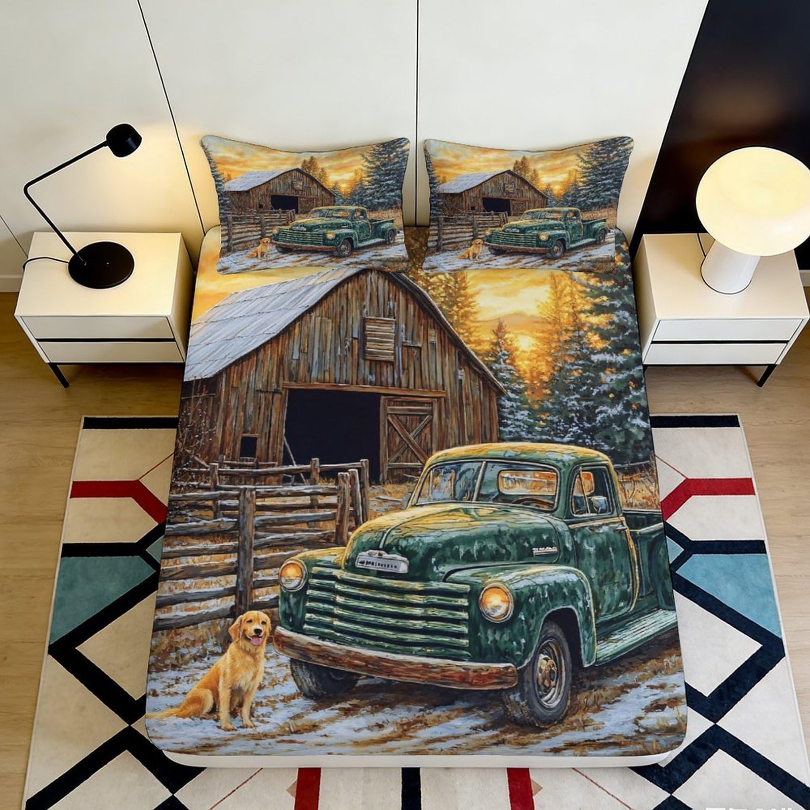 3D Printed Vintage Green Truck Fitted Sheet Microfiber Soft Farm Barn Bed Cover for Bedroom Guest Room Decor 90x200x25cm