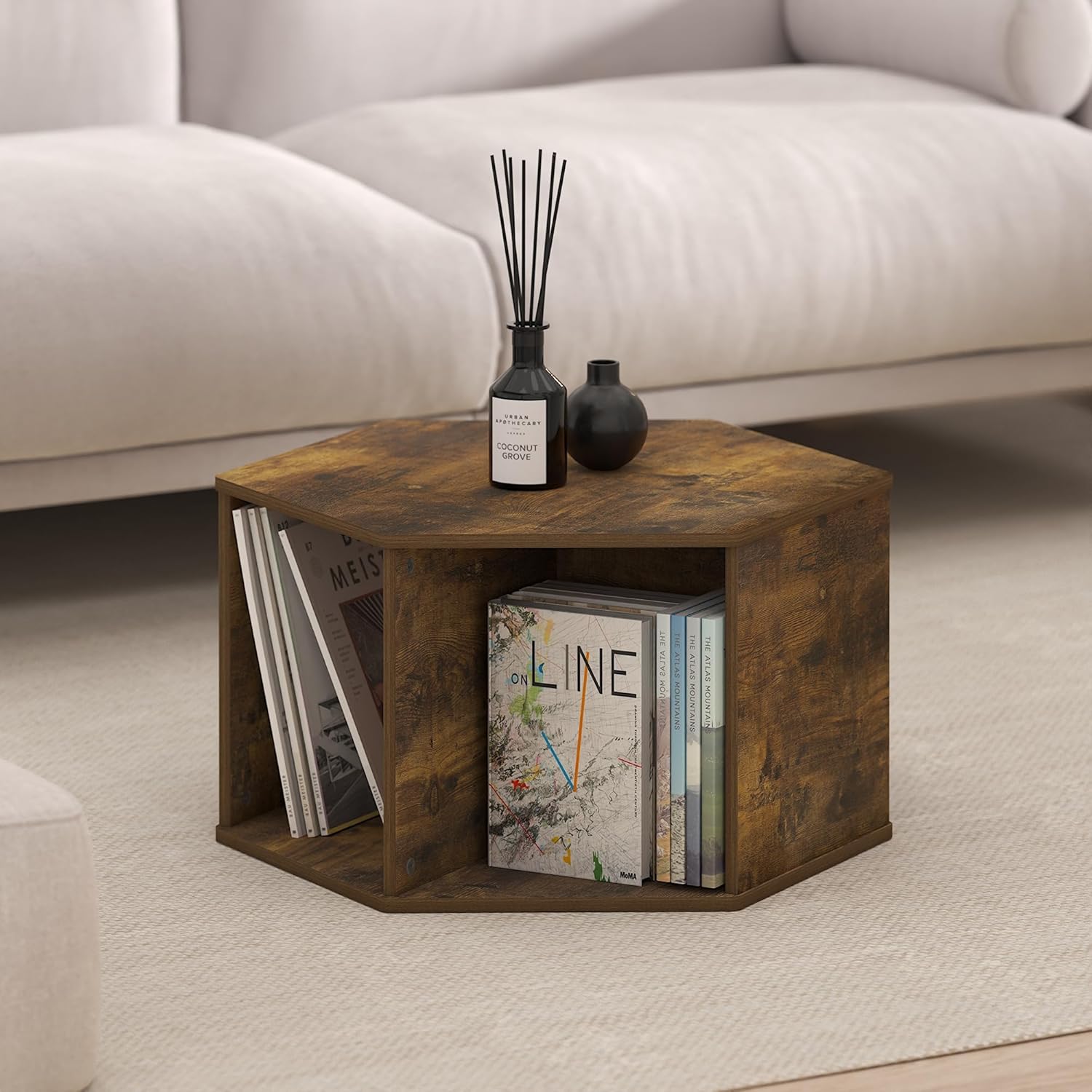 Furinno Simple Design Coffee Table, Hexagon Modern Coffee Table with Open Shelf, Vertical or Horizontal Side Table, for Living Room, Bedroom, Home Office, Amber Pine