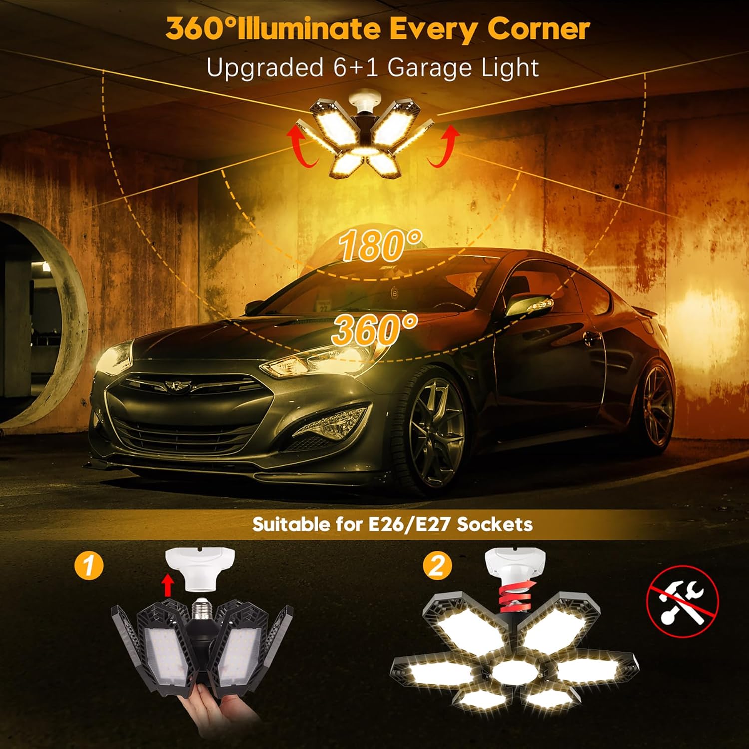 TANBABY 2 Pack LED Garage Lights, 150W Deformable Garage Light Bulb, Total 12000LM 3000K Warm White, 6 Adjustable Panels, E26/E27 Screw-in Ceiling Light for Basement, Gift for Men