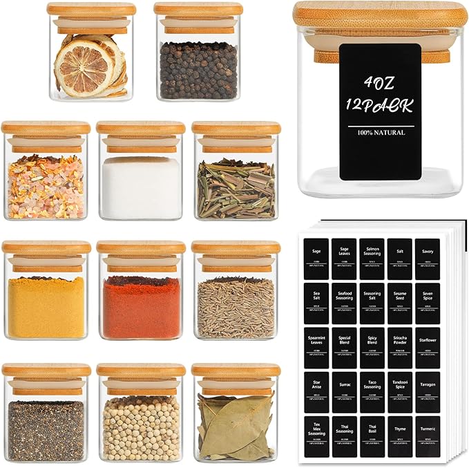 ComSaf 12Pcs Glass Spice Jars with Bamboo Lid, 4oz （120ml）Airtight