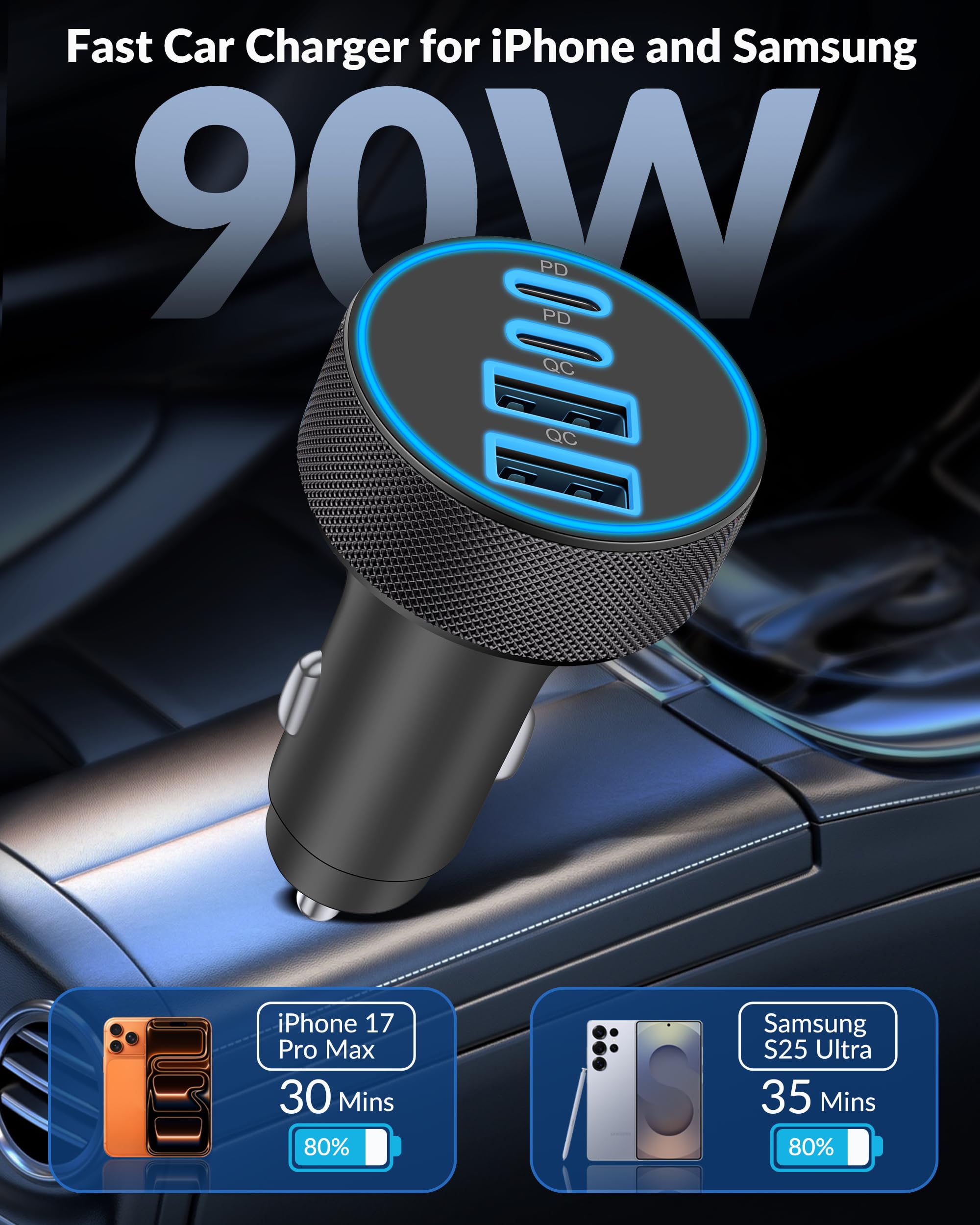 [4 in 1] USB C Car Charger, 4-Port 90W Super Fast Charging Cigarette Lighter Adapter, Dual 45W USBC & USB-A Multiport Car Phone Charger Accessories for iPhone 16e 16 15 14 13 12, iPad, Samsung Tablet