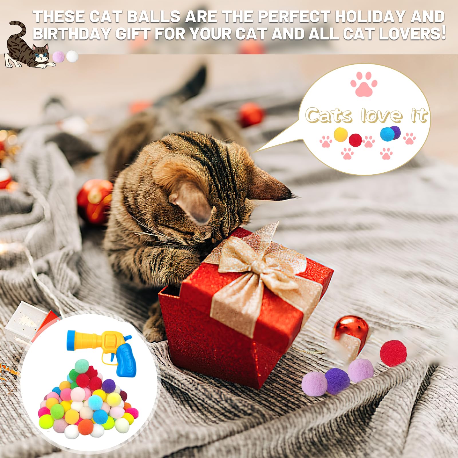 Set 50 Palline Pom Pom E Lanciatore Per Gatti - Gioco Interattivo Per Gatti Domestici, Morbido E Colorato