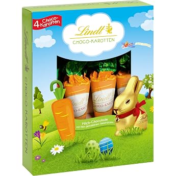 Lindt Chocolate Choco Carrots 2 x 54 g Milk Chocolate in Carrot Shape with Finely Ground Hazelnuts Children's Easter Nest Filling Easter Gift 2 x Pack of 4
