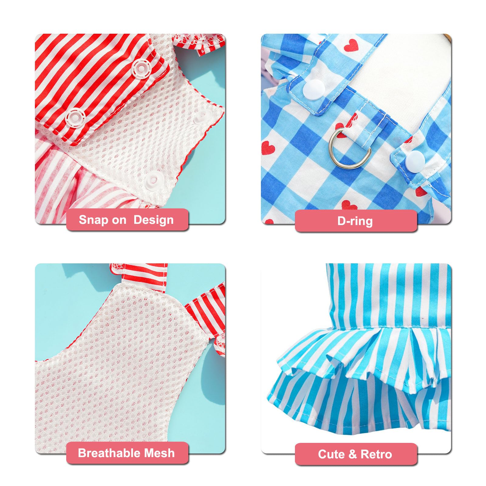HDKUW Retro Summer Dog Dresses with D-Ring, Y2K Vintage Pet Outfits for Dogs & Cats, Cute Breathable Costume for Puppy Parties Fashion & Photo Shoots Red Stripe M