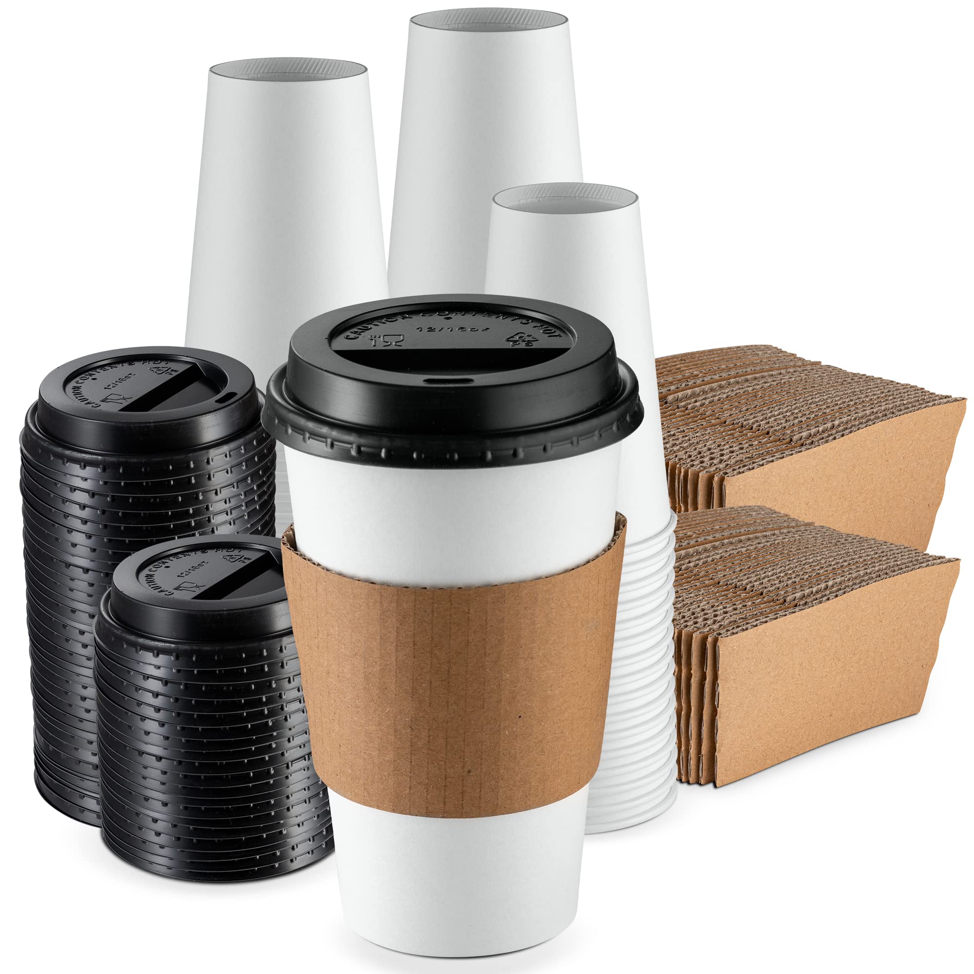 GUSTO[16 oz. - 100 Sets Disposable Coffee Cups with Lids and sleeves - To Go Paper Hot Cups for Travel and Office Use - Formerly Comfy Package