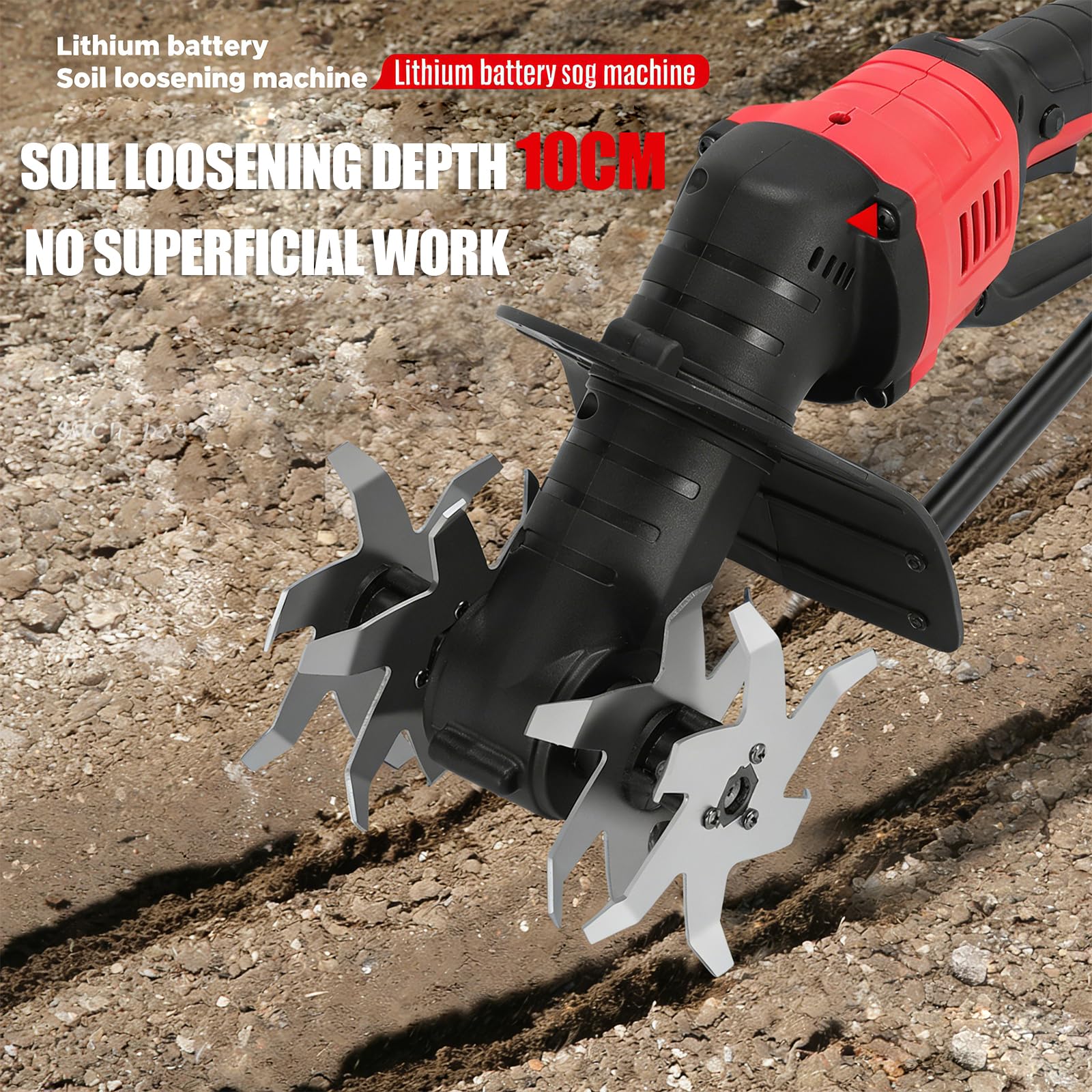 Mini Motobineuse sans Fil Cultivateur, Rotavator De Jardin électrique Portatif avec 2 * 3000mah Batterie, 235rpm, Largeur De Labour 10cm, Profondeur 12cm, Réglage à 3 Vitesses, Motobineuse