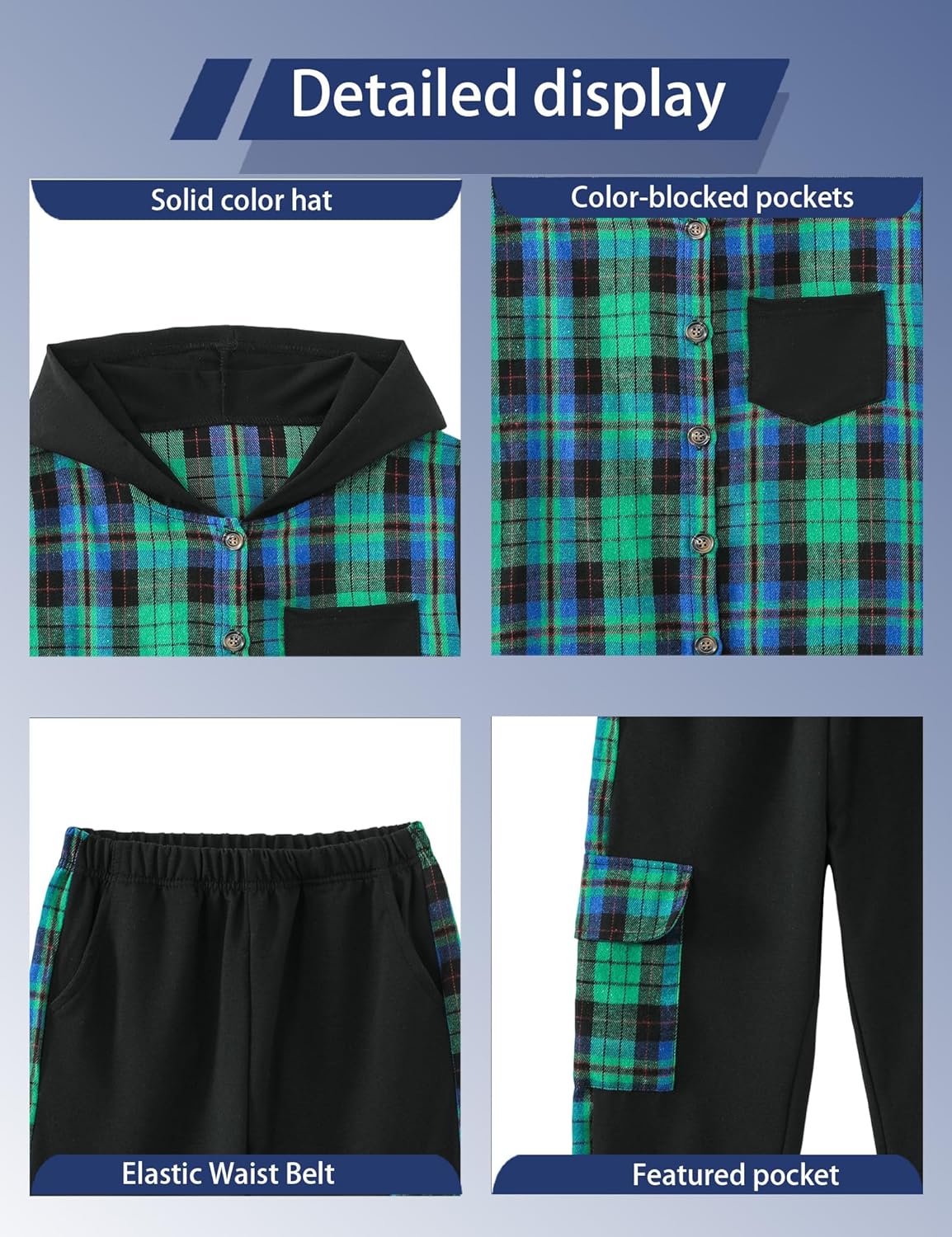 Kids Boy Clothes Plaid Hooded Short-Sleeved Shirt Top and Patchwork design Pants 2Pcs Boys Outfits - Image 6