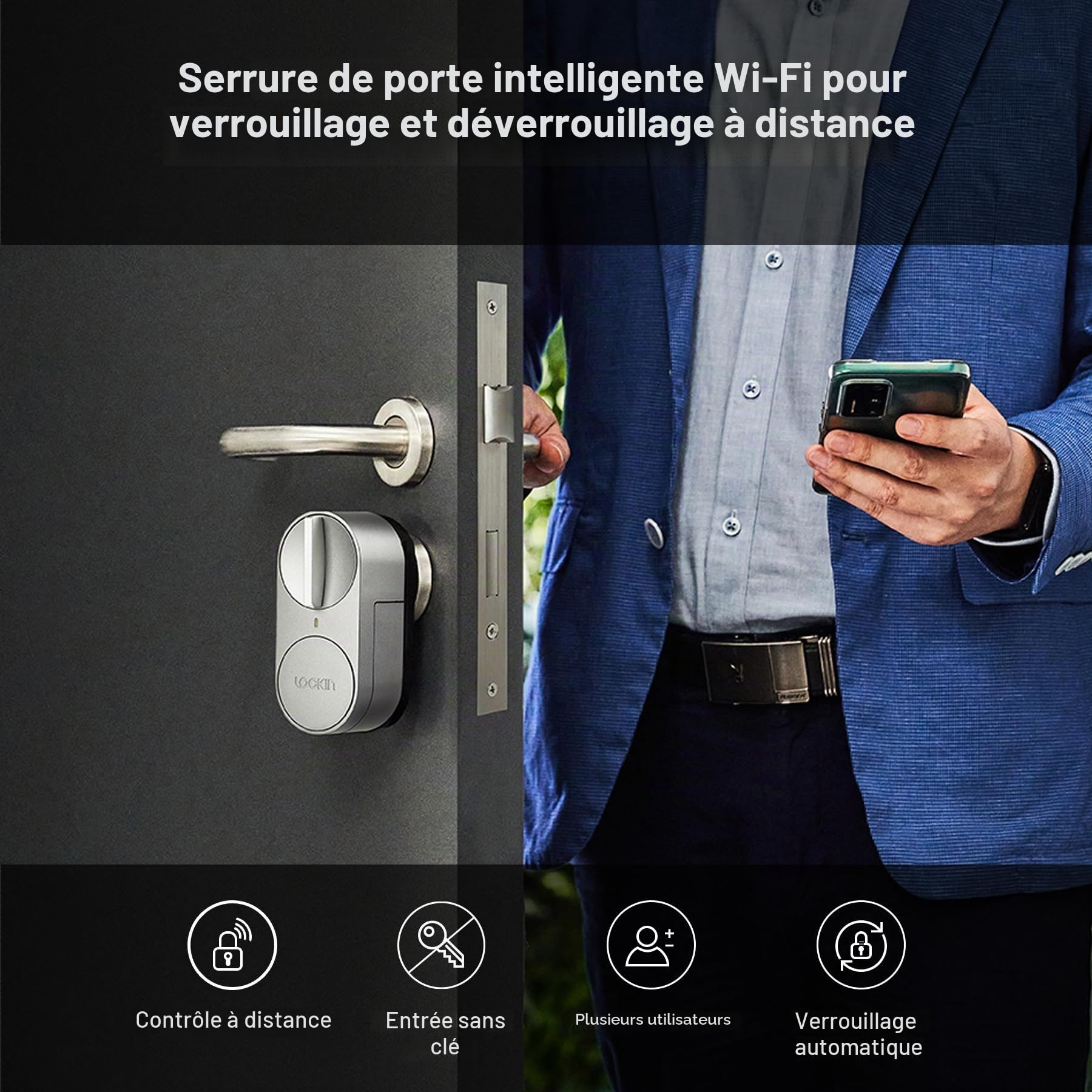 Lockin Serrure de porte d'entrée intelligente sans clé avec Bluetooth, intégration Alexa et Google, s'adapte à la plupart des pênes dormants existants, verrouillage intelligent facile à installer