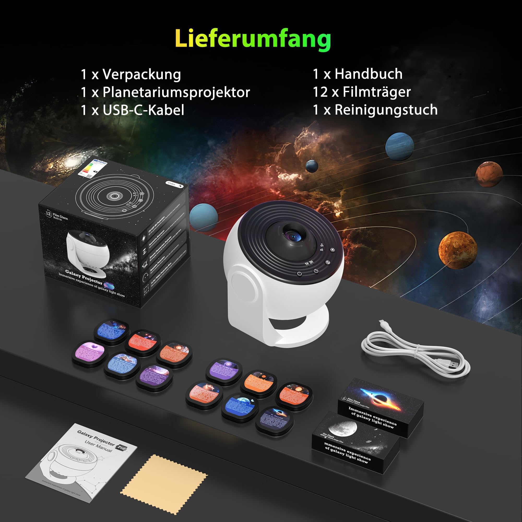 FlyEagle Upgrade Sternenhimmel Projektor für Kinder Erwachsene Galaxy Projektor Lamp für Geschenke mit 13-in-1 Planeten-Discs,LED Sternenhimmel mit Timer 360° Drehbar, Schwarz&Weiß