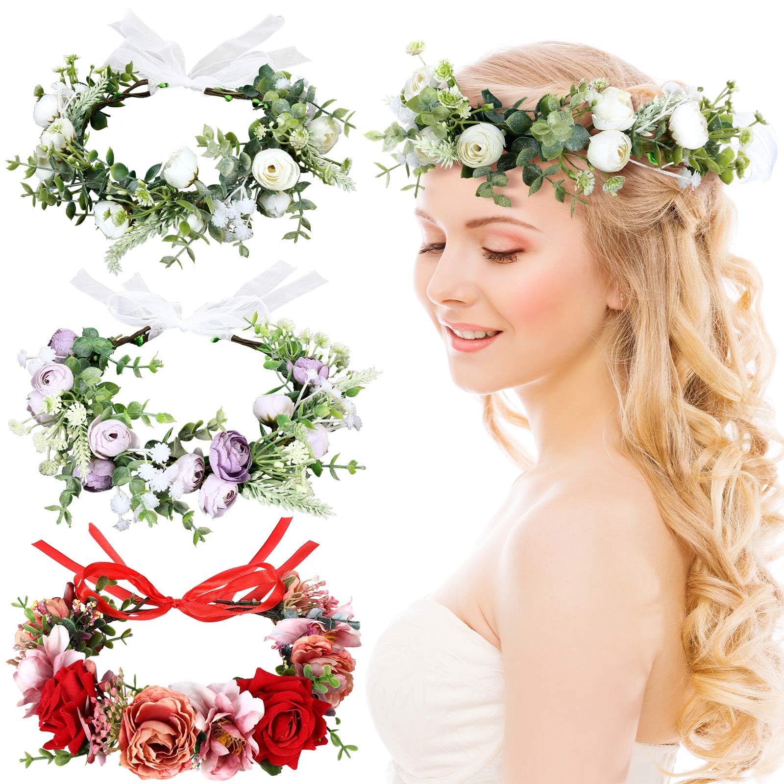 Bencailor 3 corone di fiori regolabili per capelli, stile bohémien, per donne, ghirlande, matrimoni, feste, rinascimentali, accessori per foto di festival (colore romanzo)