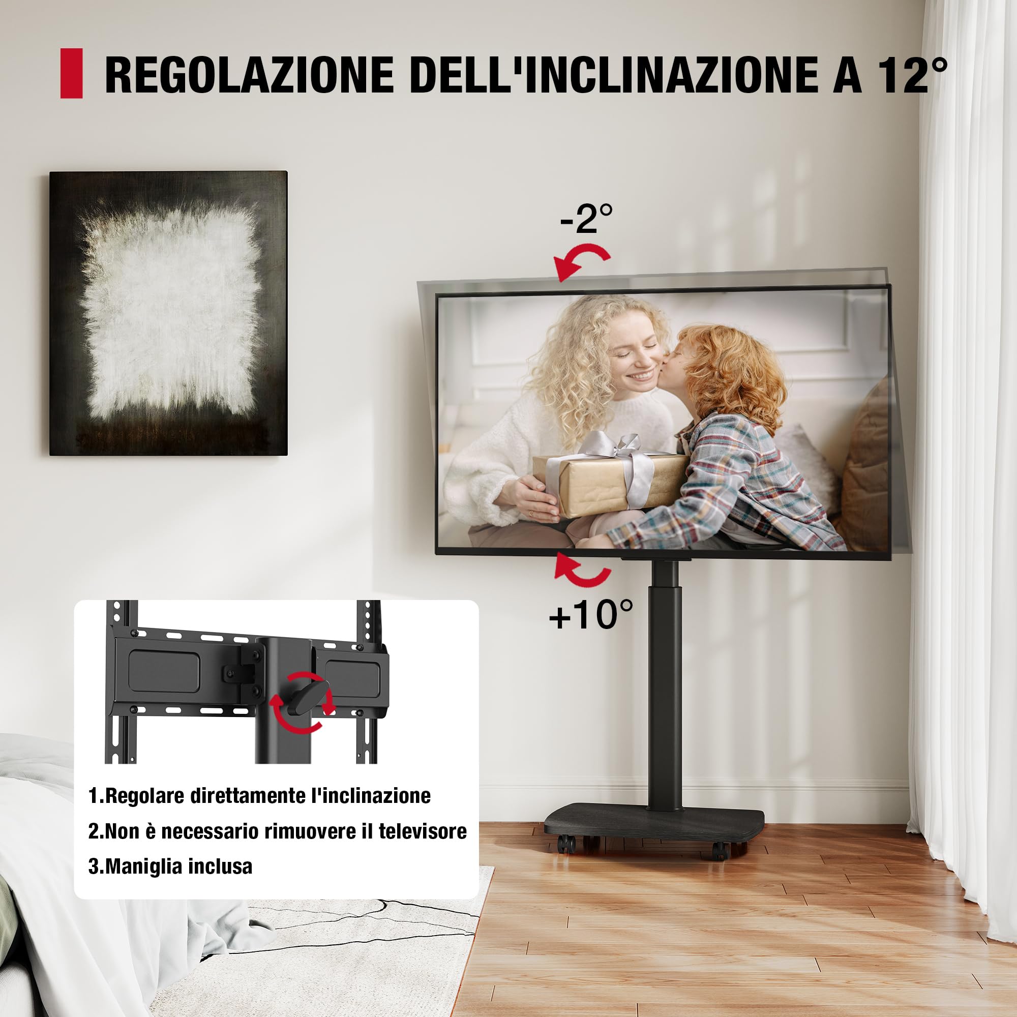 AOKCOS Carrello Porta TV con Ruote per 32-65 Pollici, Orizzontale e Verticale Supporto TV da Pavimento con Base in Legno, Inclinabile e Regolabile in Altezza, Max VESA 400x400mm 30kg (Nero)