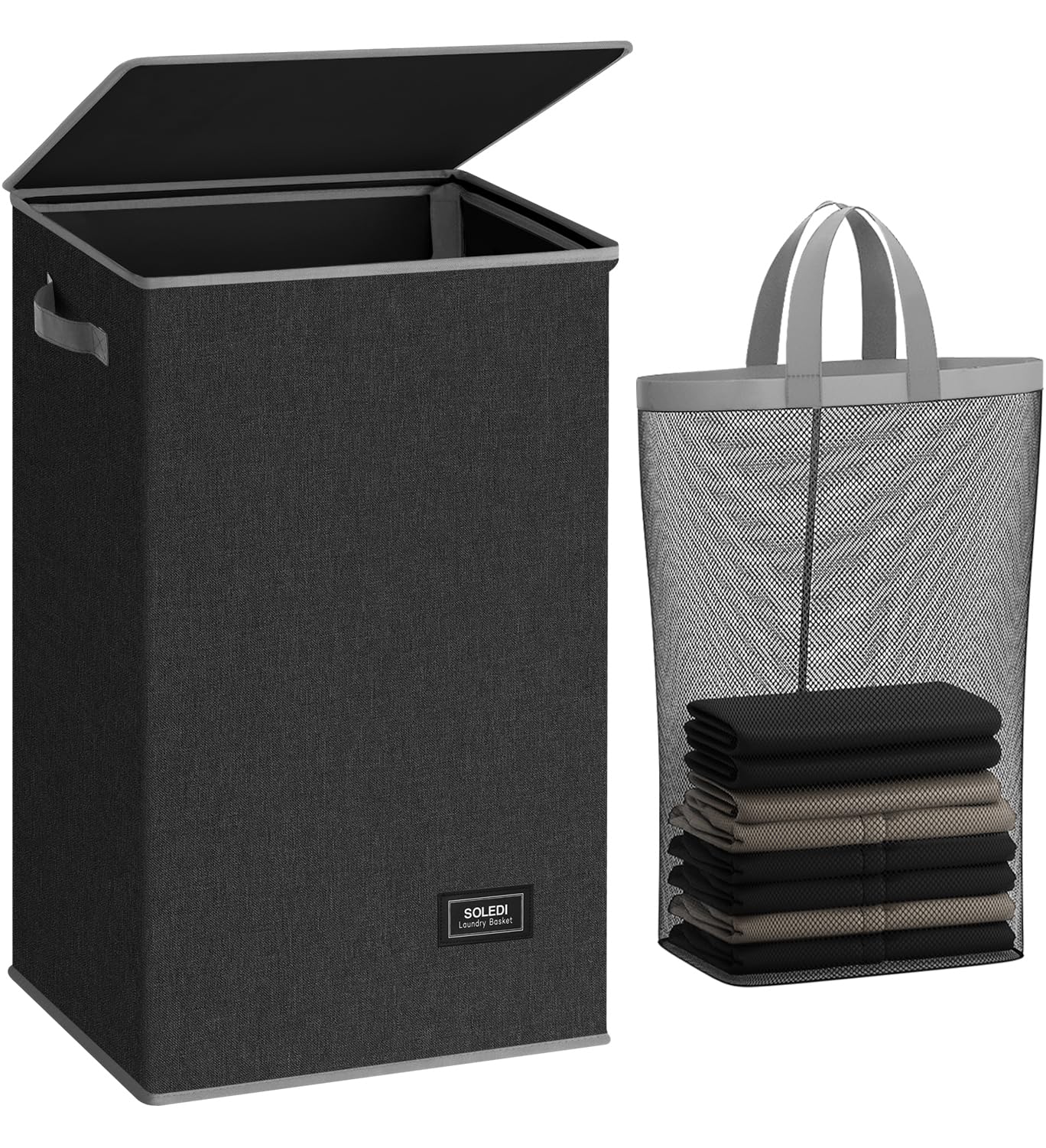SOLEDI Laundry Basket with Lid Clothes Hamper Collapsible Washing Laundry Basket Bag, Foldable Washing Bin for Bedroom (Dark Grey, 90L)