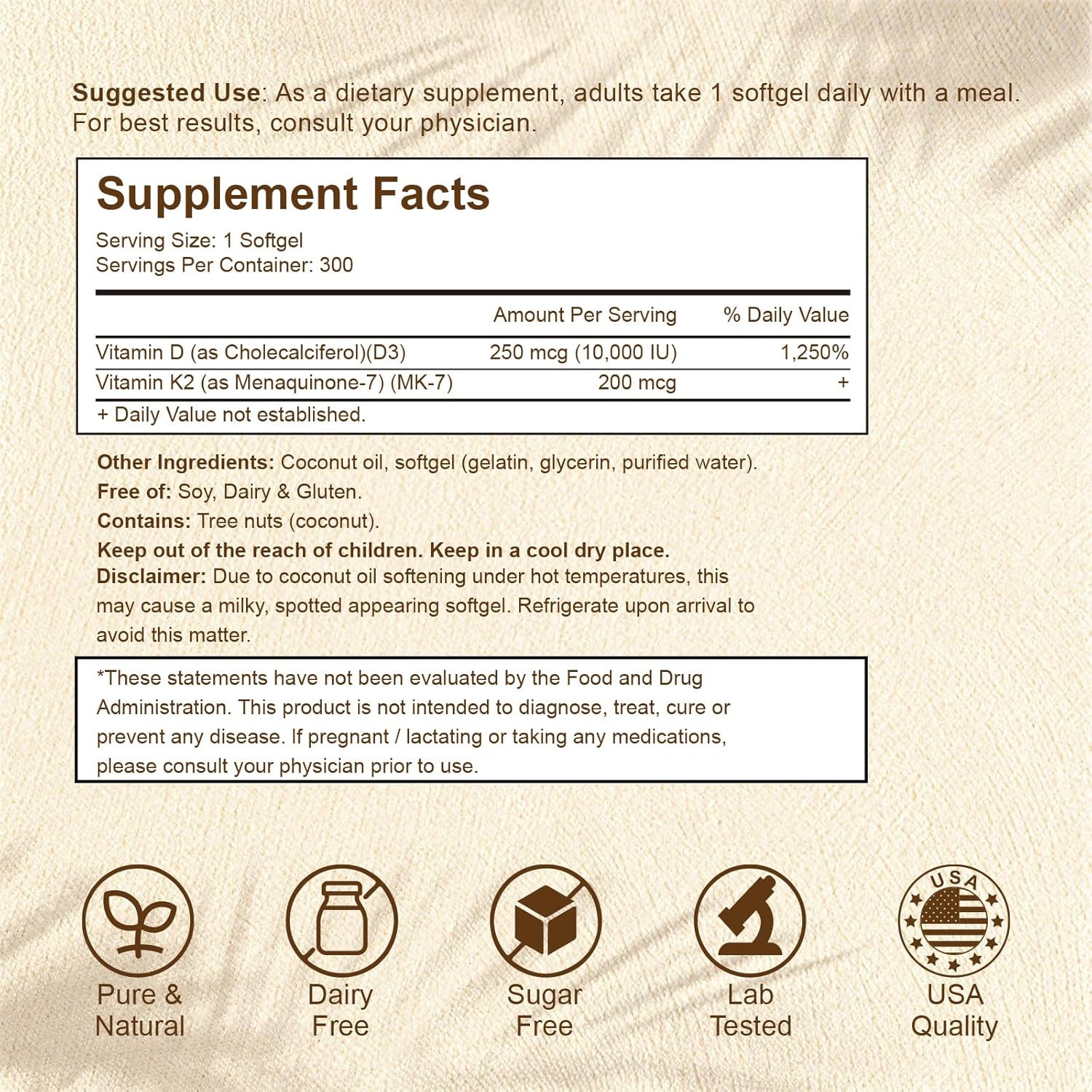 2-in-1 Vitamin D3 K2 Supplement Softgel, Vitamin D3 10000 IU and Vitamin K2 200 mcg, K2 MK7 with D3 Vitamin Supplement Support Immune, Heart, Joint, Teeth & Bone Health
