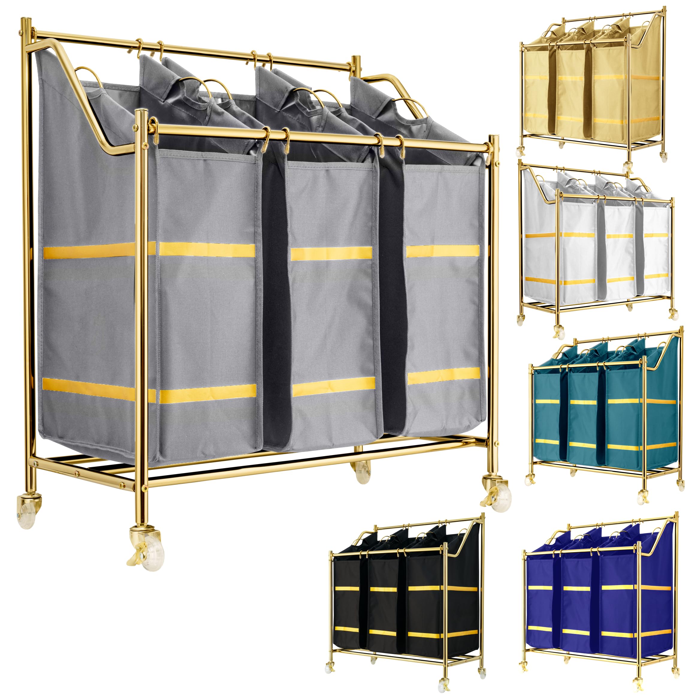 Luxuriöser Wäschesortierer mit 3 Fächern, Roll-Wäschesammler, moderner goldener Wäschekorb, 3 Taschen, Wäschekorb mit Rollen, Wäschekorb, XL-Korb für Kleidung, Spielzeug und Handtücher (kühles Grau)