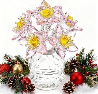 KRISININE Crystal Christmas Flower Figurine with Vase 3.8in Tall Glass Flower Figurine Collections Home Decor for Thanksgiving Christmas Wedding Centerpiece,Gift for Women(Pink)