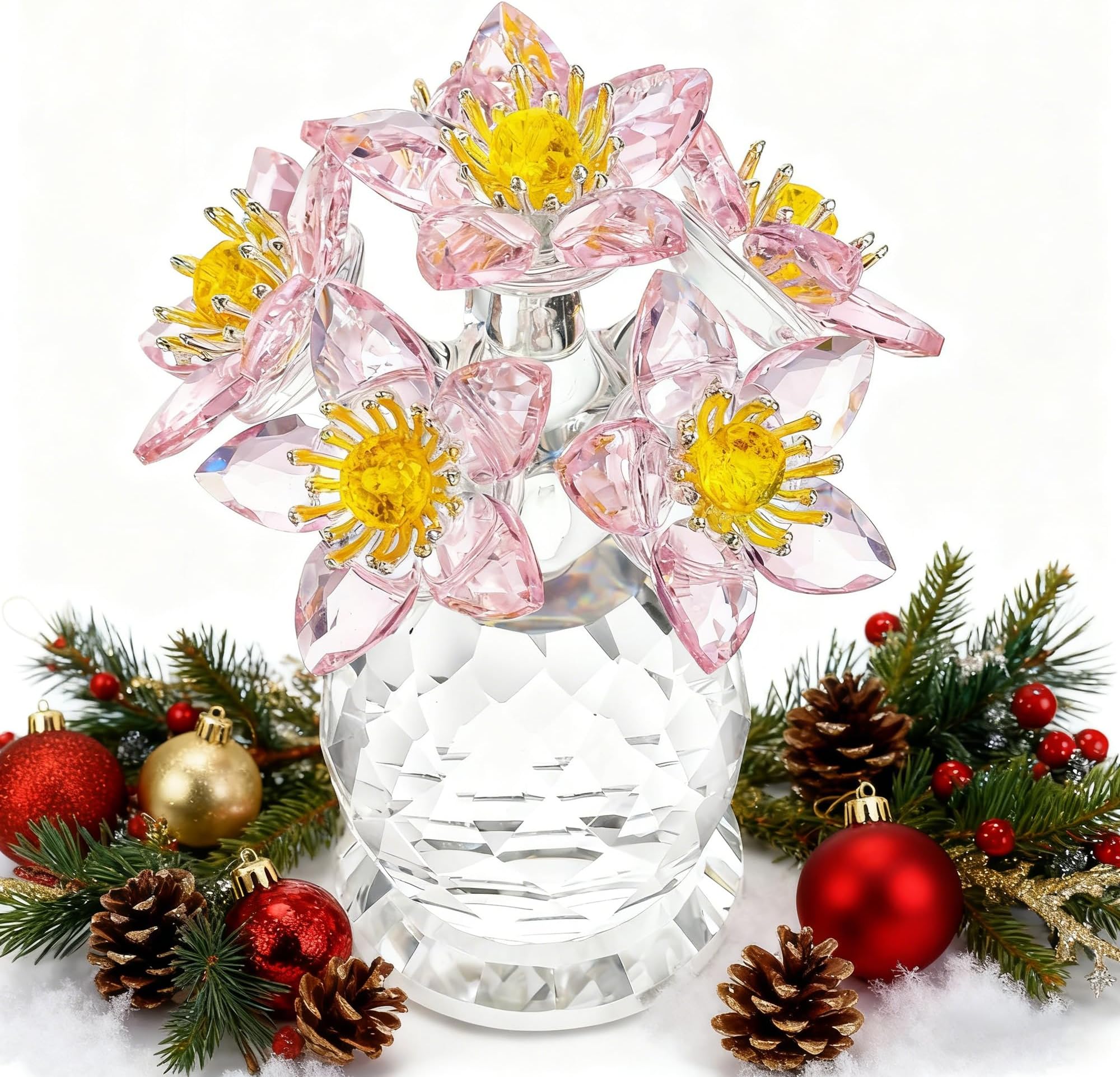 Pink Crystal Flower Ornament with Base Flower Figurine Collections Glass Flower Bouquet Gift for Women Crystal Christmas Decoration for Home